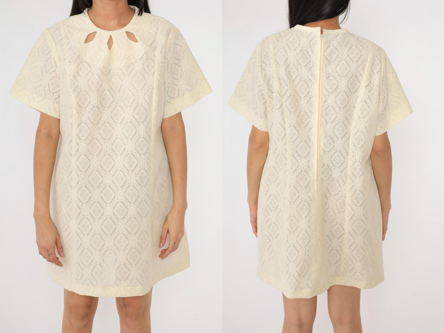 1960s Cream Lace Mini Dress Keyhole Neck Short Sleeve Shift Extra Large
