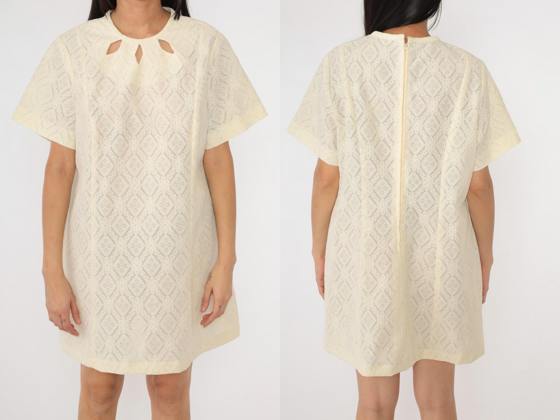 1960s Cream Lace Mini Dress Keyhole Neck Short Sleeve Shift Extra Large