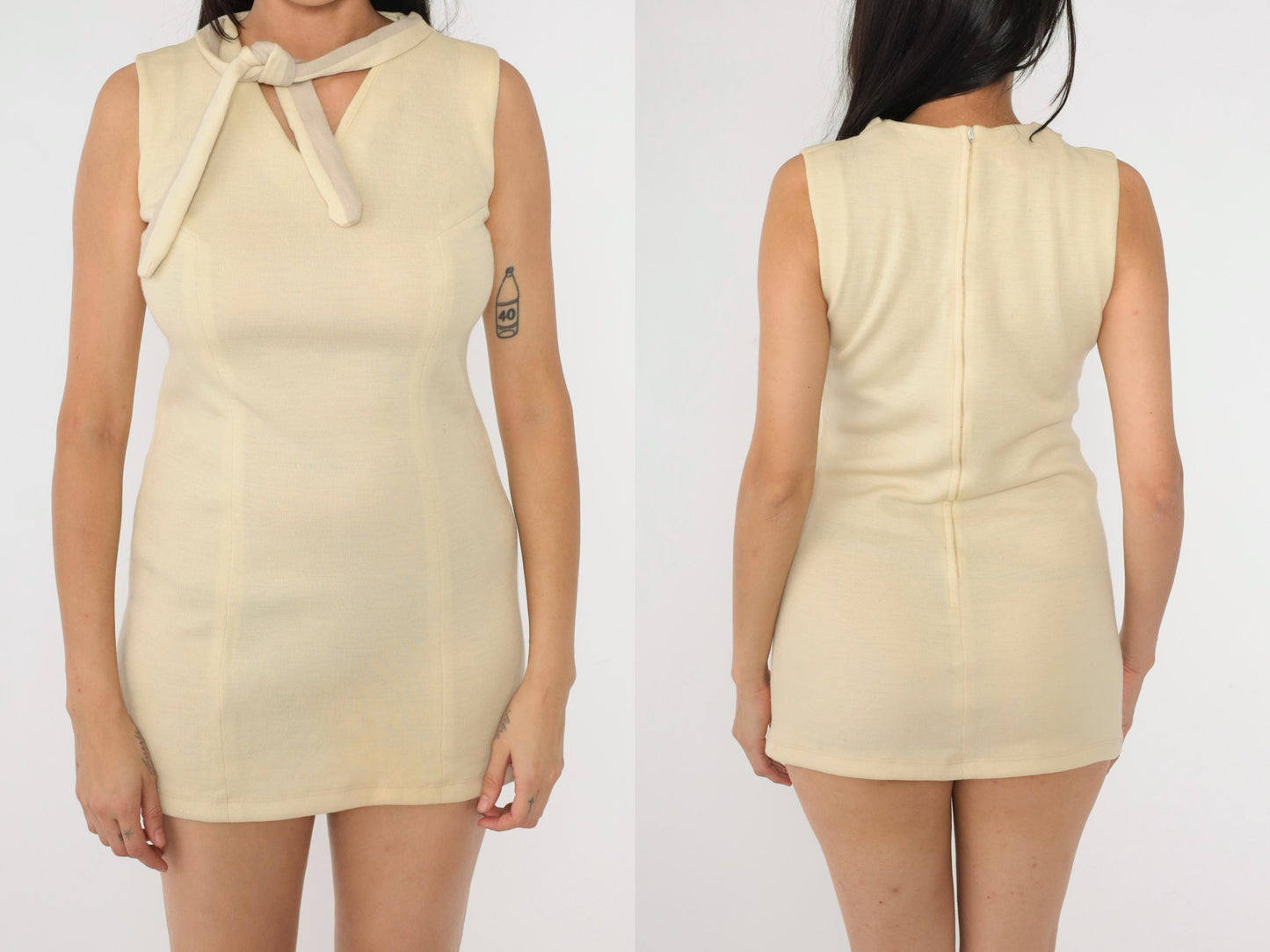 60s Cream Wool Blend Mod Sheath Dress Keyhole Tie Neck Small