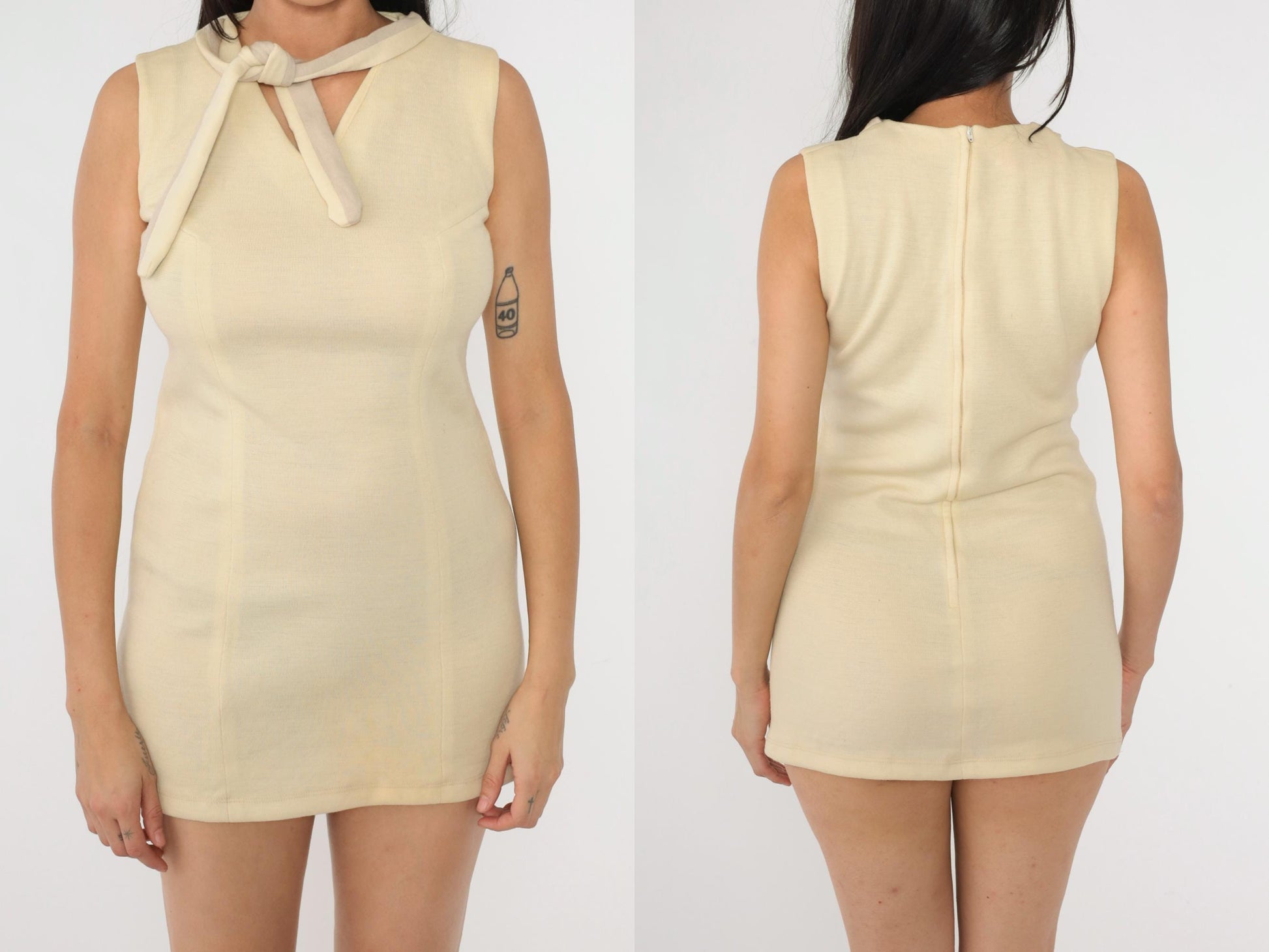 60s Cream Wool Blend Mod Sheath Dress Keyhole Tie Neck Small