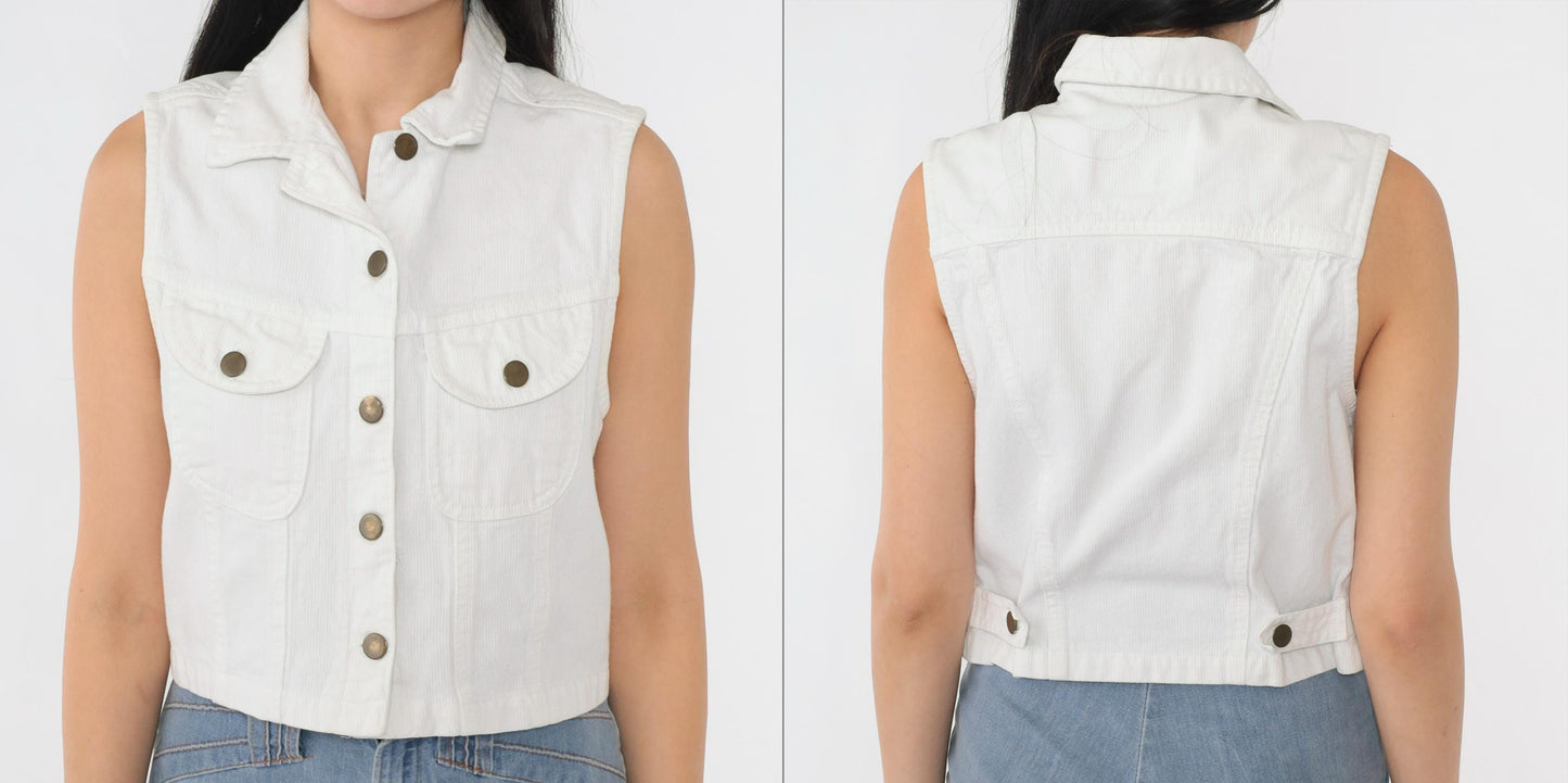 90s White Corduroy Vest Cropped Button-Up Utility Pockets Small