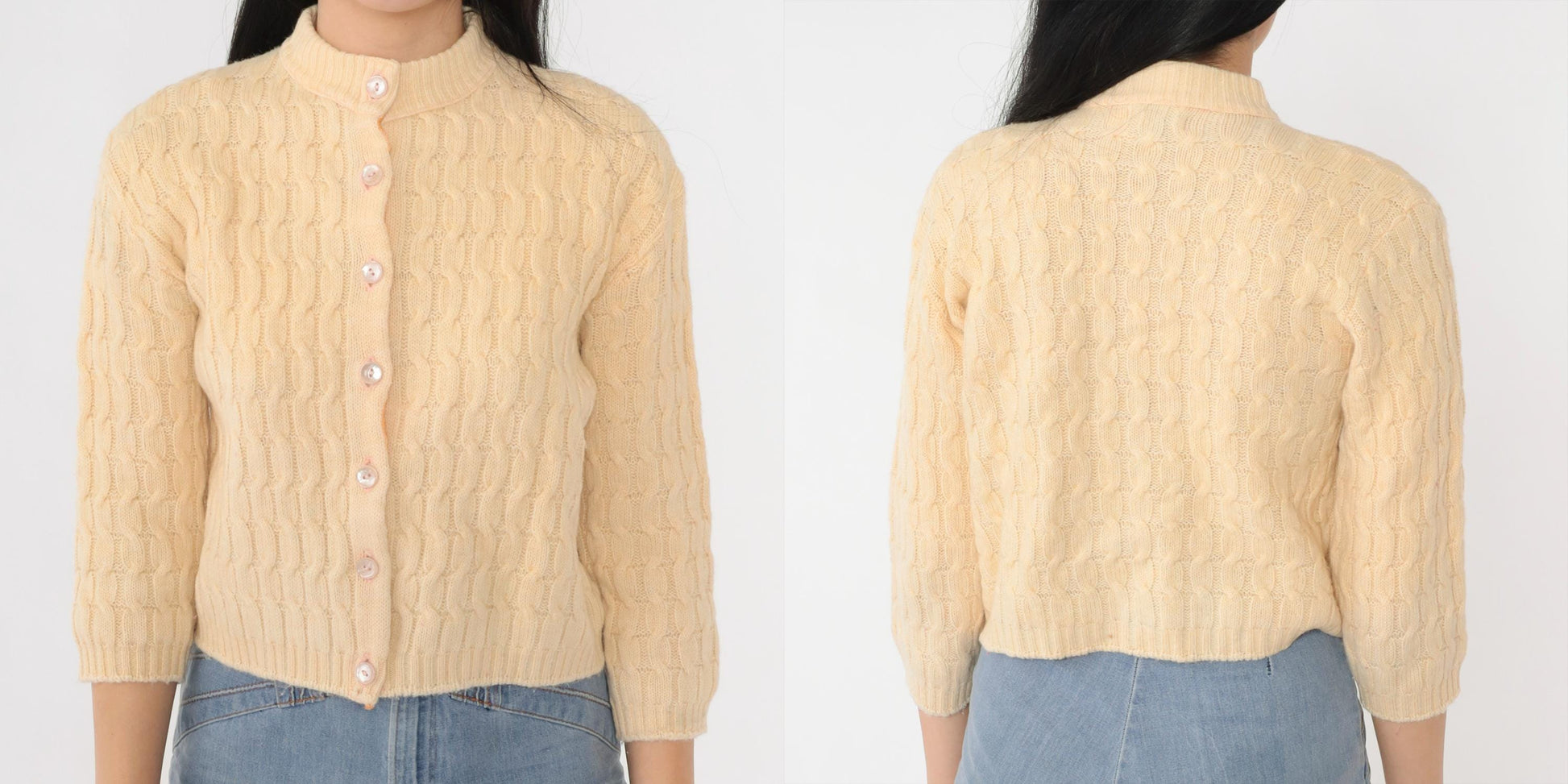 60s Cream Cable Knit Cardigan Cropped Wool Blend Button Up 3/4 Sleeve Extra Small