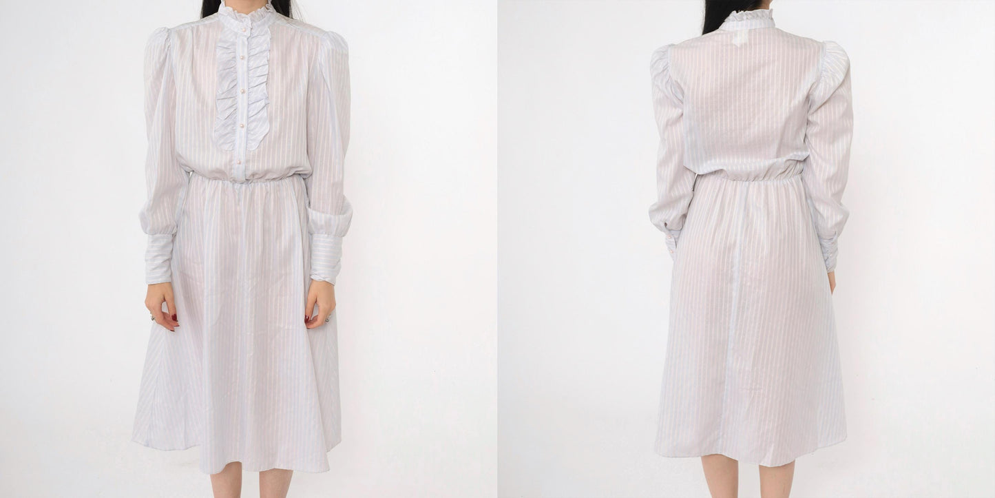 80s Striped Puff Sleeve Midi Dress Grey-Blue Pink White High Waisted Small
