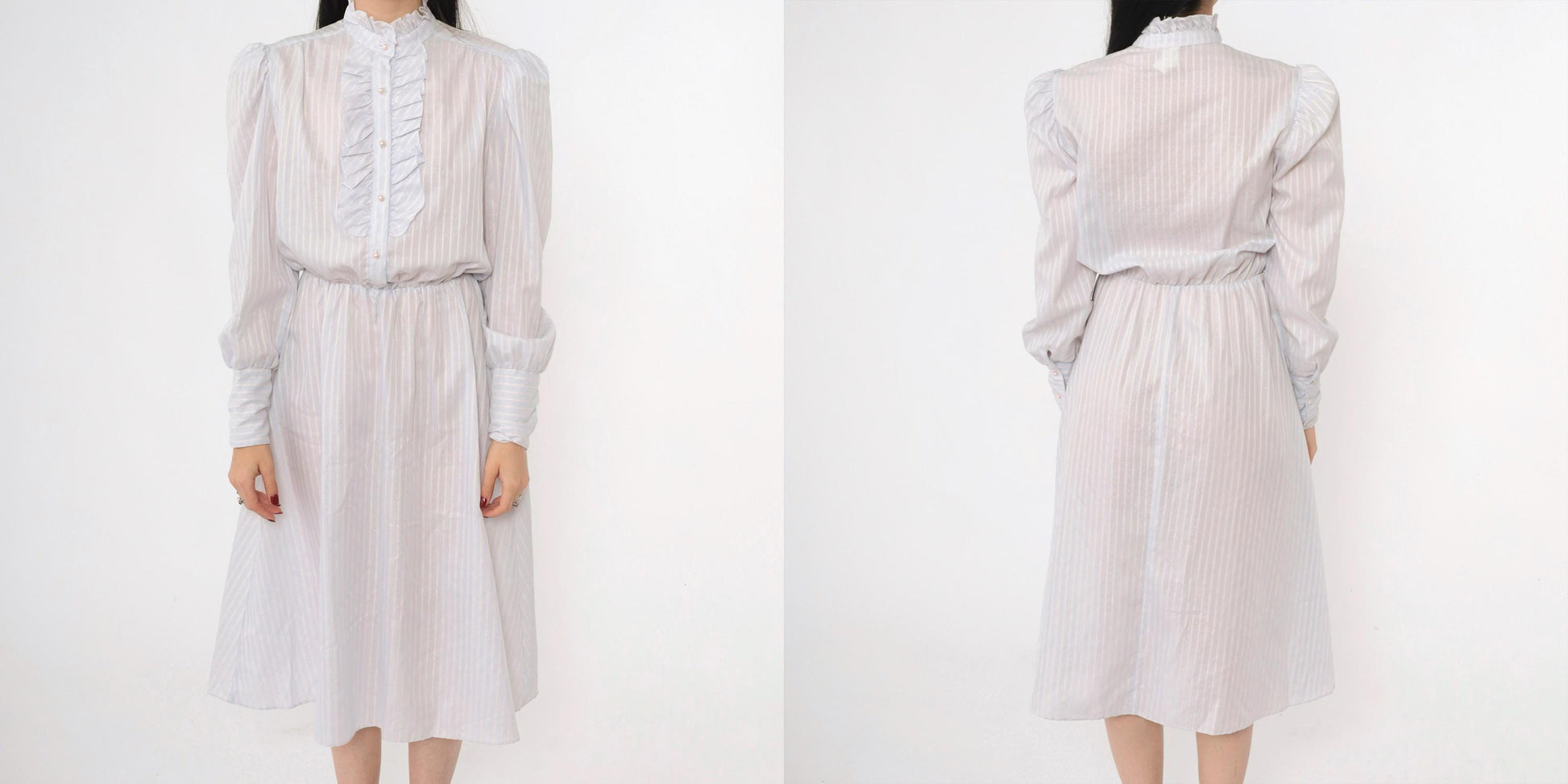80s Striped Puff Sleeve Midi Dress Grey-Blue Pink White High Waisted Small
