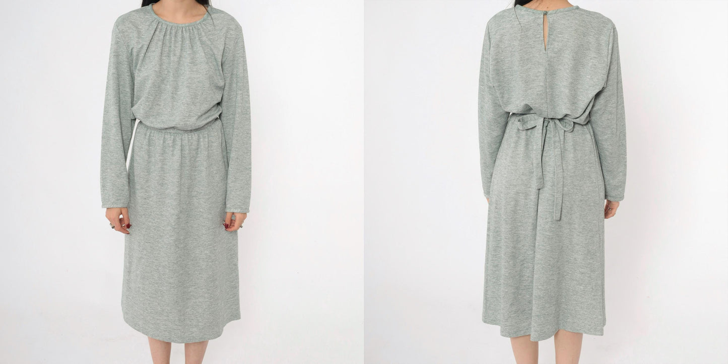 80s Heather Green Wool Blend Midi Dress High Waist Long Sleeve Belt Extra Large
