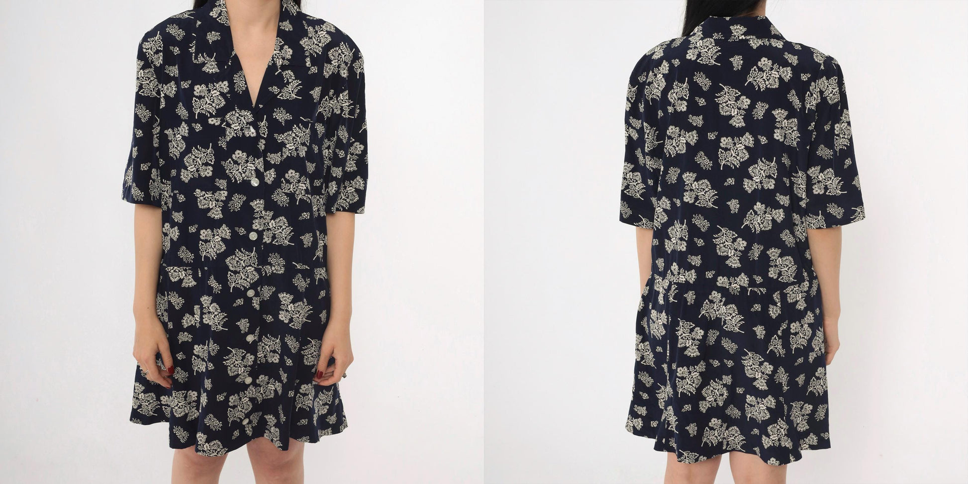 80s Liz Claiborne Navy Floral Midi Dress Drop Waist Button Front Extra Large