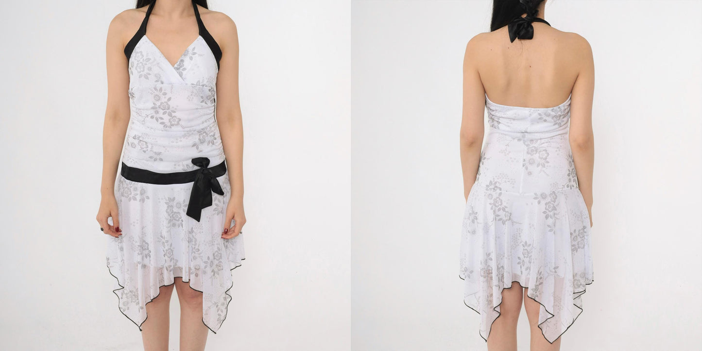 Y2K Taboo Floral Halter Mini Dress White Grey Ruched Hanky Hem Medium