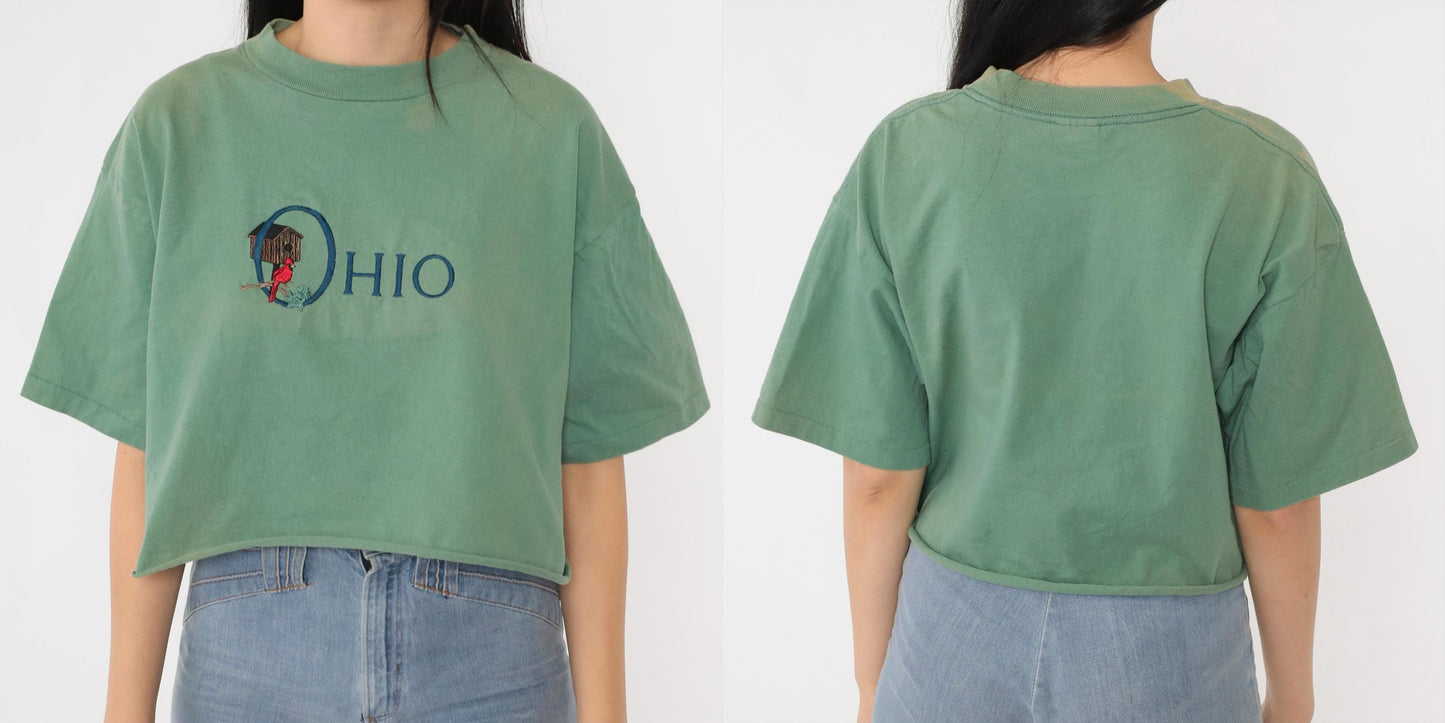 90s Ohio Cardinal Graphic T-Shirt Faded Green Crop Top Medium