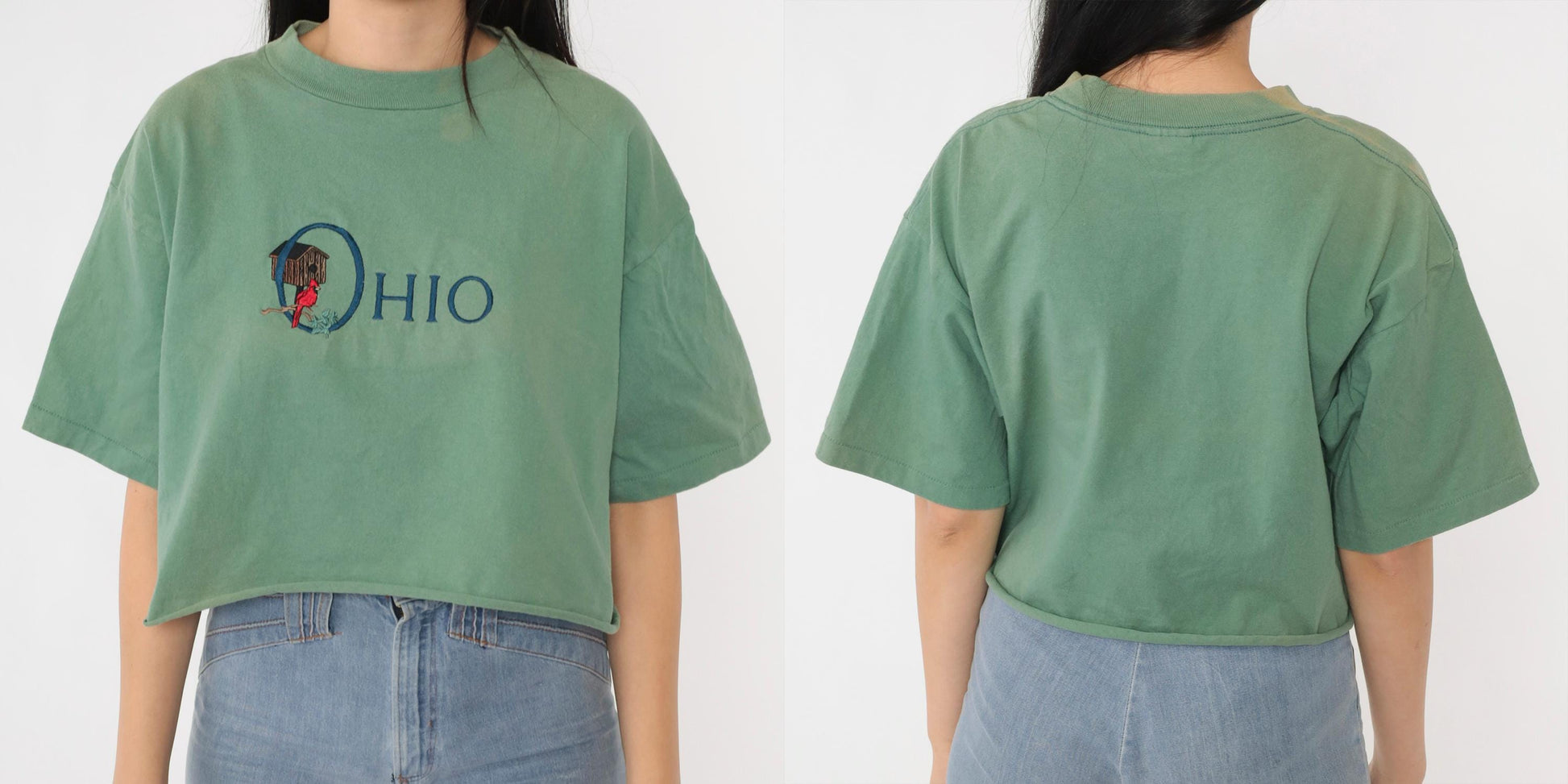 90s Ohio Cardinal Graphic T-Shirt Faded Green Crop Top Medium
