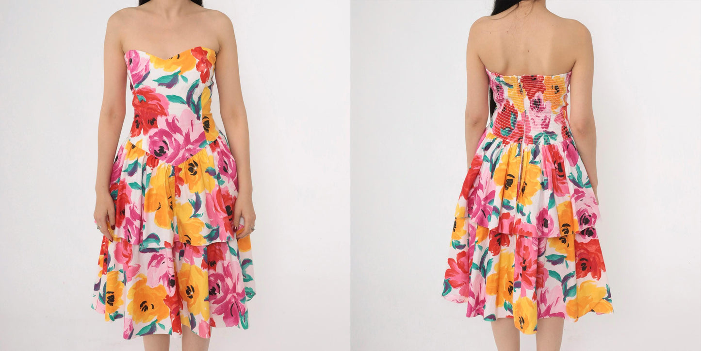 80s Robbie Bee Strapless Floral Midi Dress Sweetheart Neckline Smocked Pink Yellow Small Medium