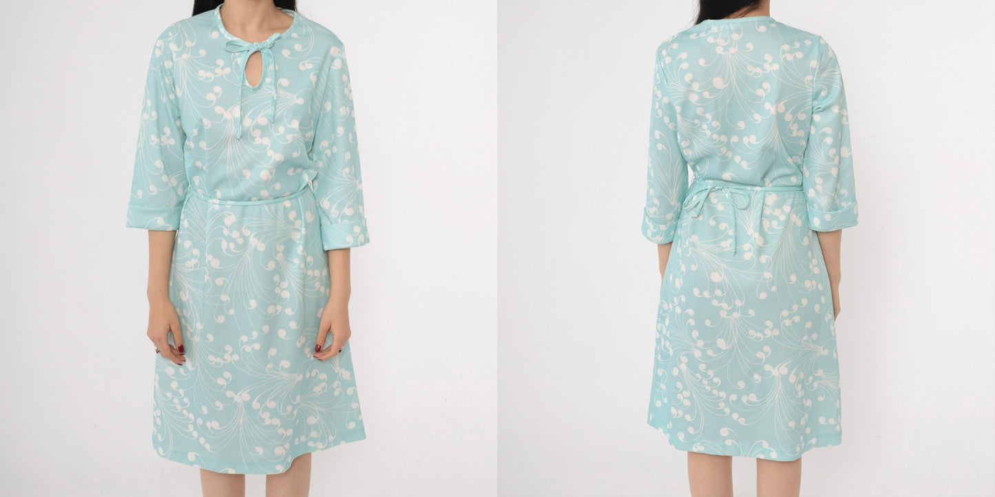 70s Lady Blair Aqua Swirl Print Shift Dress Keyhole Tie Neck Medium