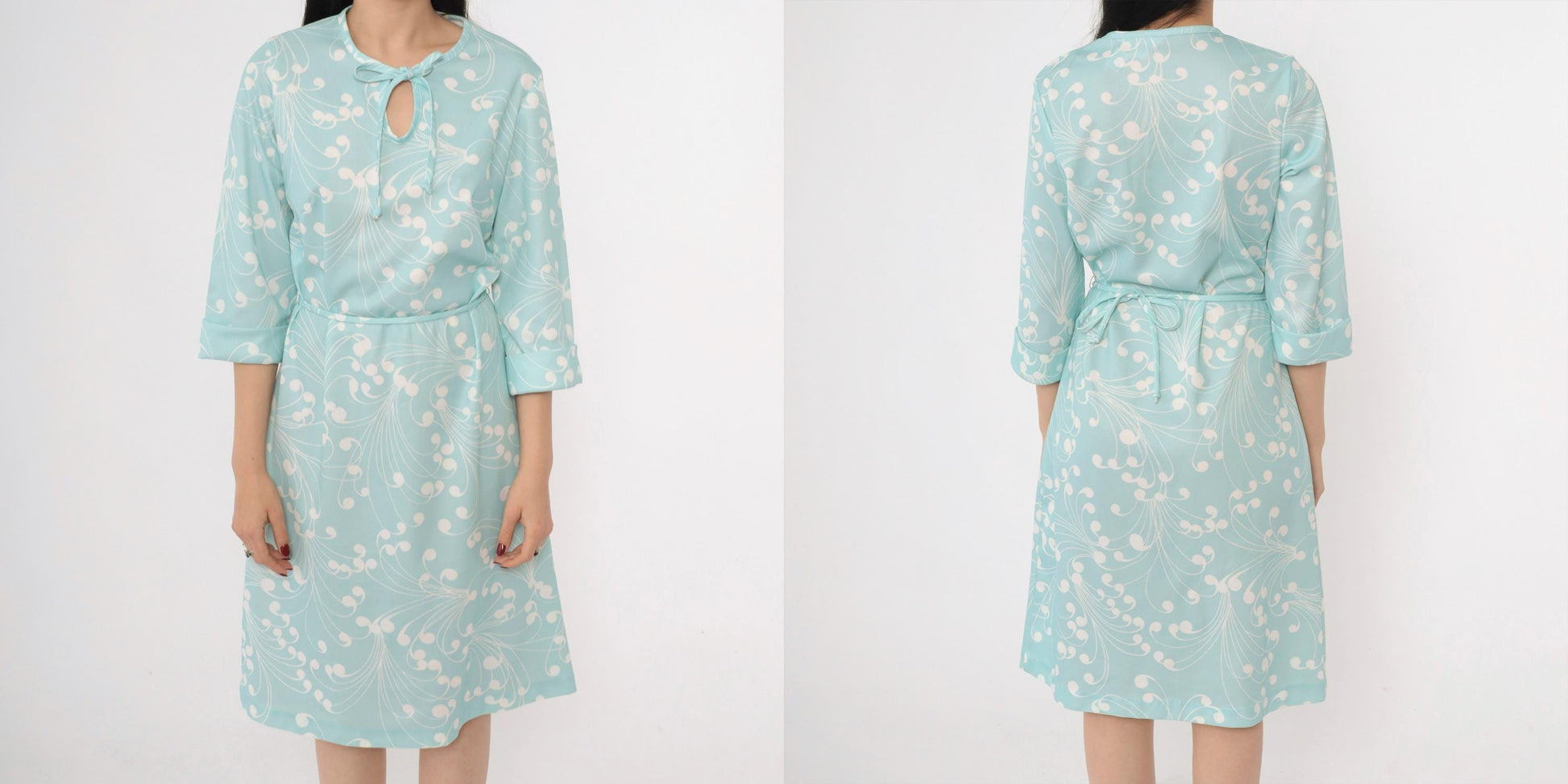 70s Lady Blair Aqua Swirl Print Shift Dress Keyhole Tie Neck Medium