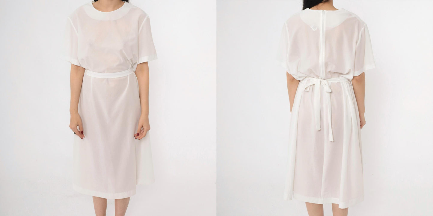 70s Sheer White Shift Dress Tie Belt Short Sleeve Mini Plus Size XXL