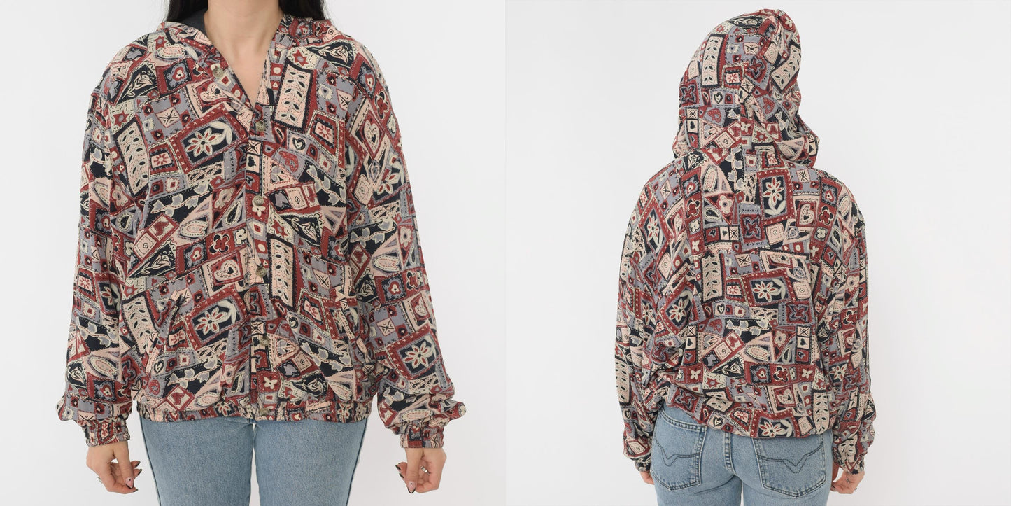 90s Patchwork Hooded Windbreaker Jacket Hearts Floral Rust Red Large L