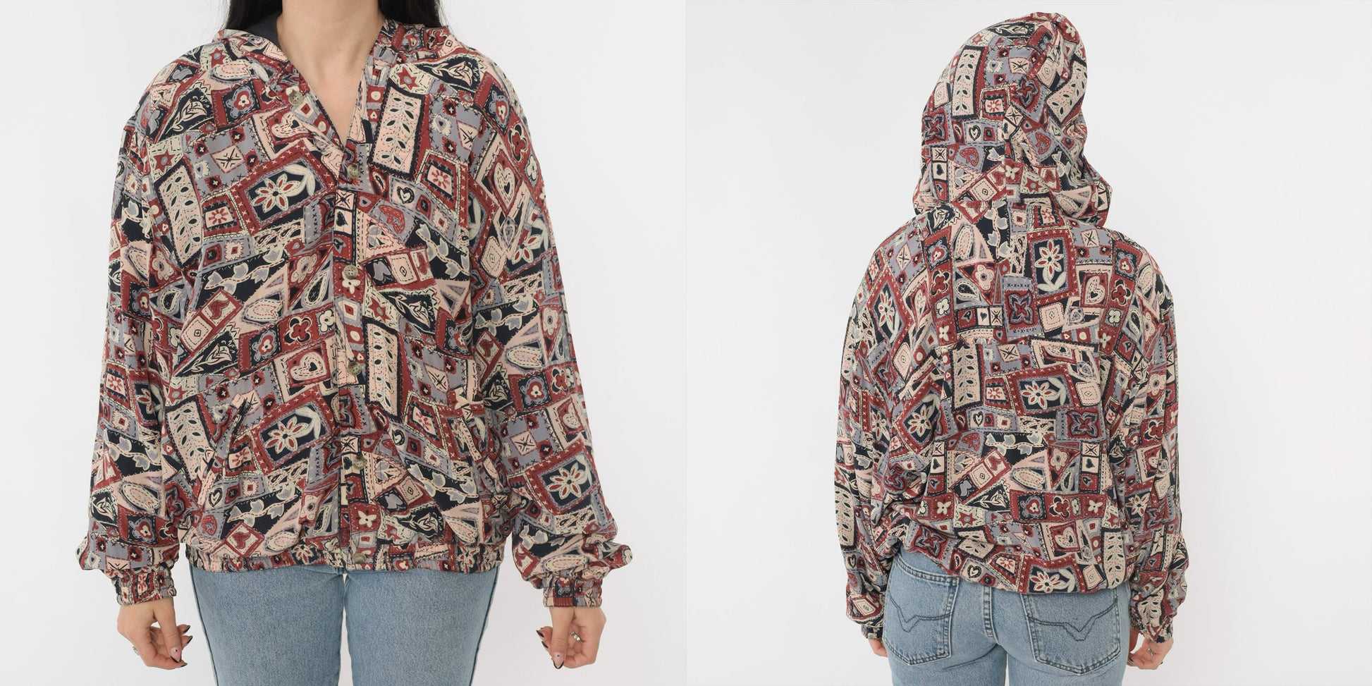 90s Patchwork Hooded Windbreaker Jacket Hearts Floral Rust Red Large L