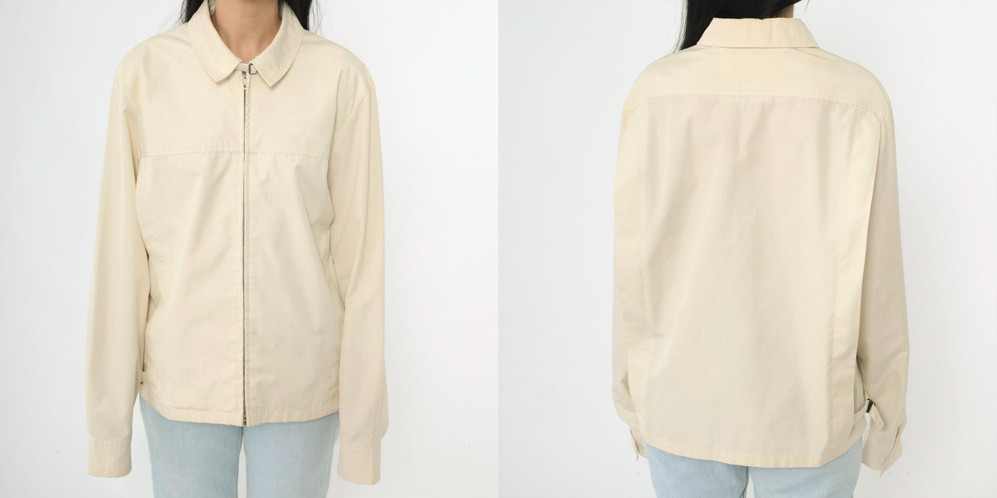 80s Cream Windbreaker Jacket Full Zip Bomber Neck Buckle Men's Medium
