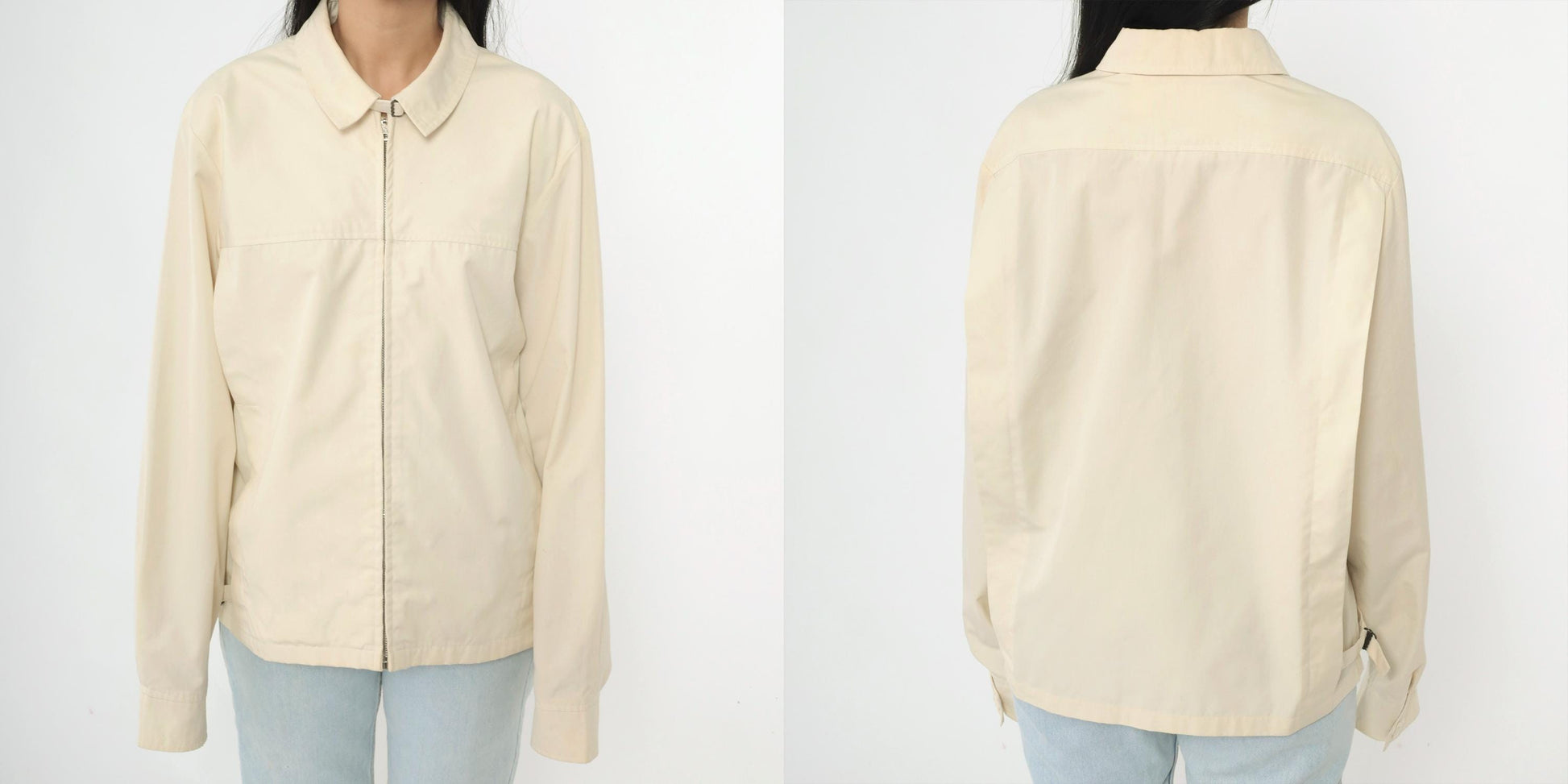 80s Cream Windbreaker Jacket Full Zip Bomber Neck Buckle Men's Medium