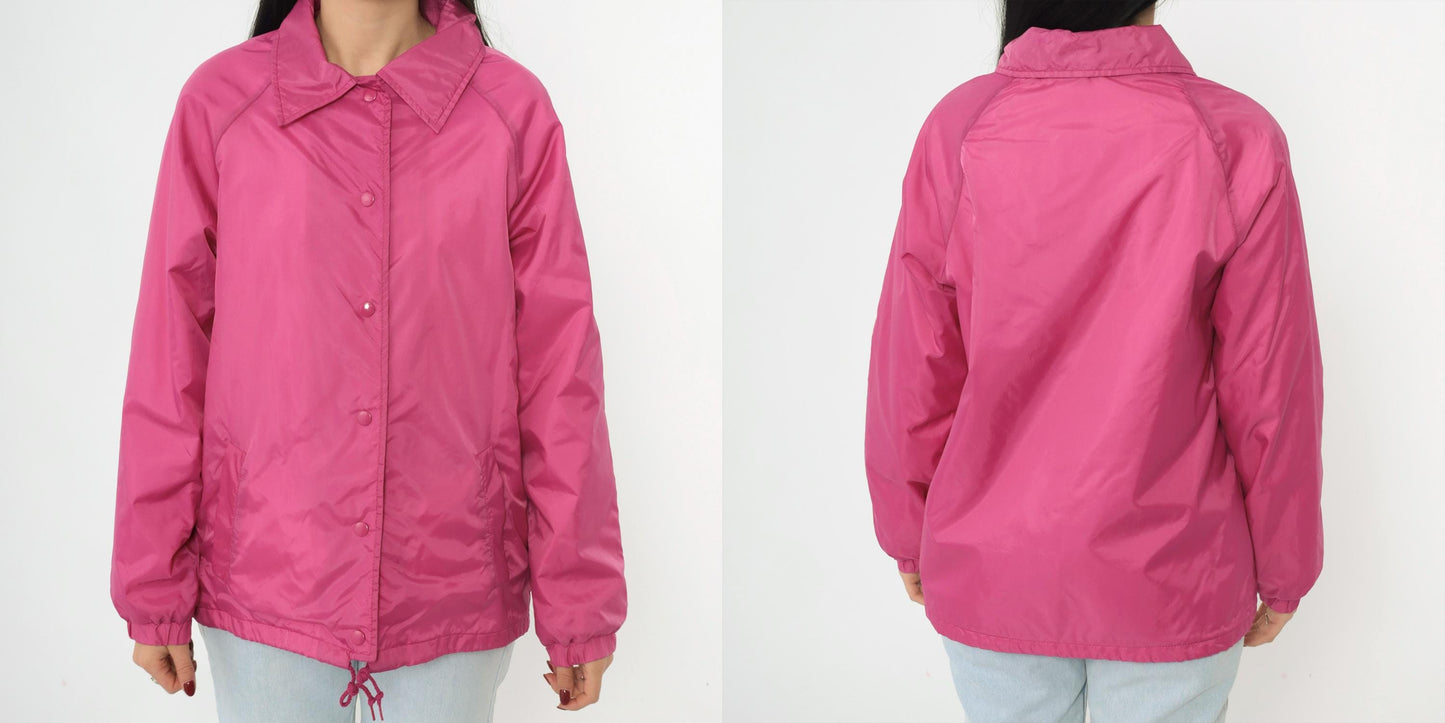 80s Pink Nylon Windbreaker Jacket Snap Front Raglan Drawstring Medium
