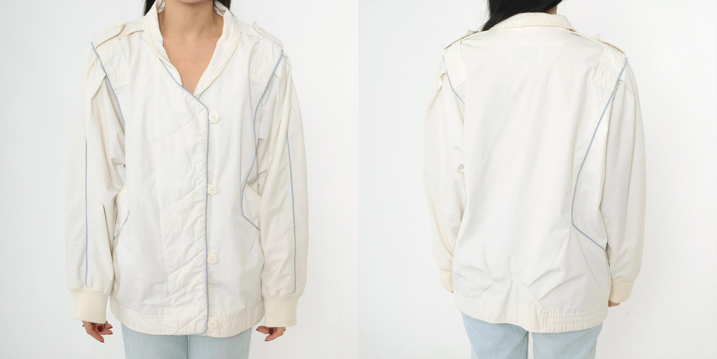 80s White Windbreaker Jacket Puff Sleeve Epaulet Bomber Medium