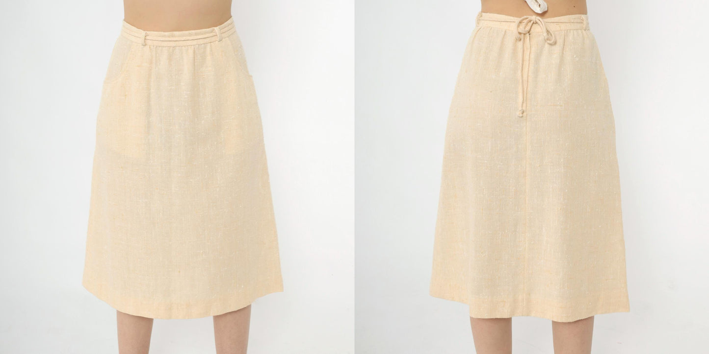 80s Cream Flecked A-Line Midi Skirt High Waist Tie Belt Pockets Small
