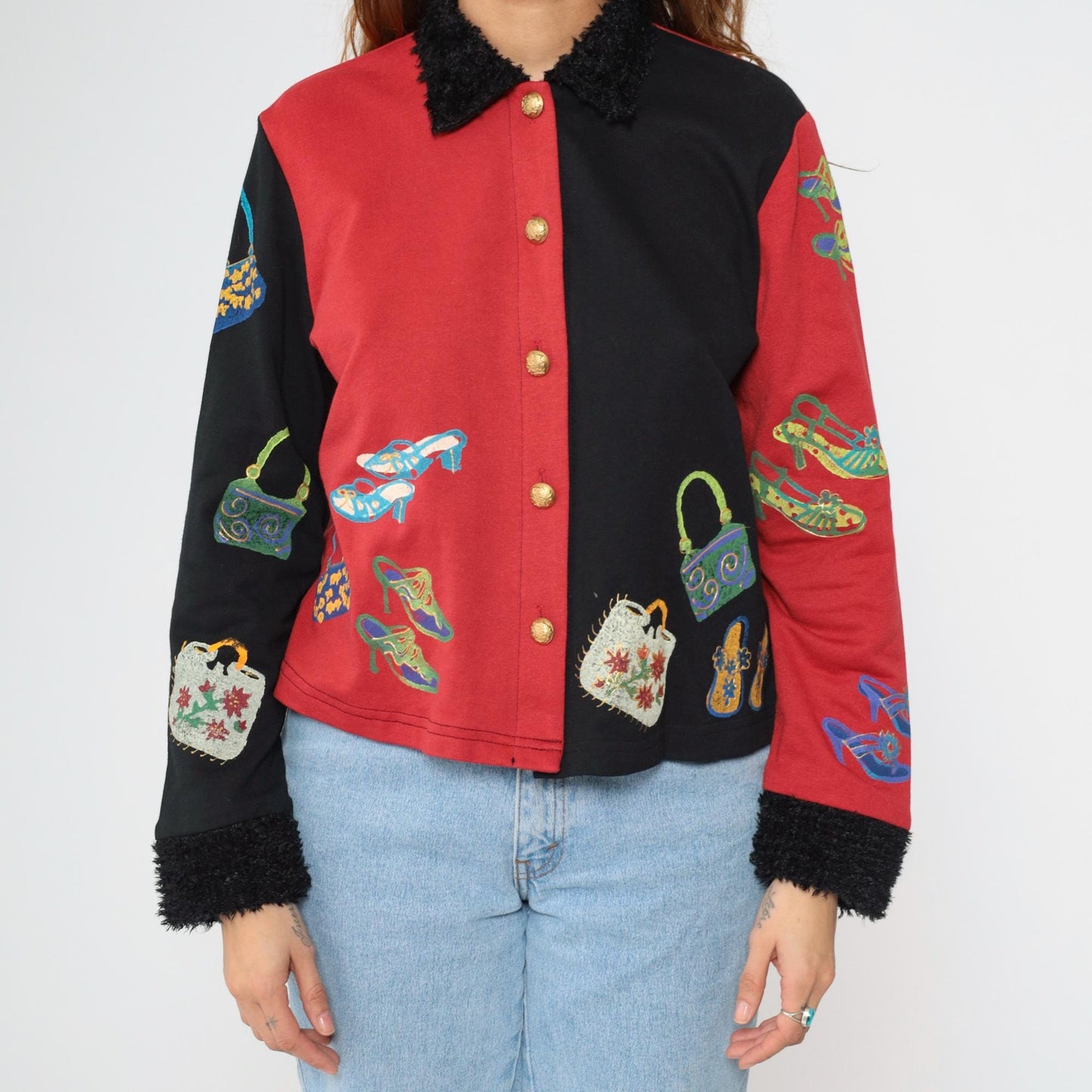 Y2K Shoe Handbag Print Jacket Black Red Color Block Fuzzy Collar Medium M