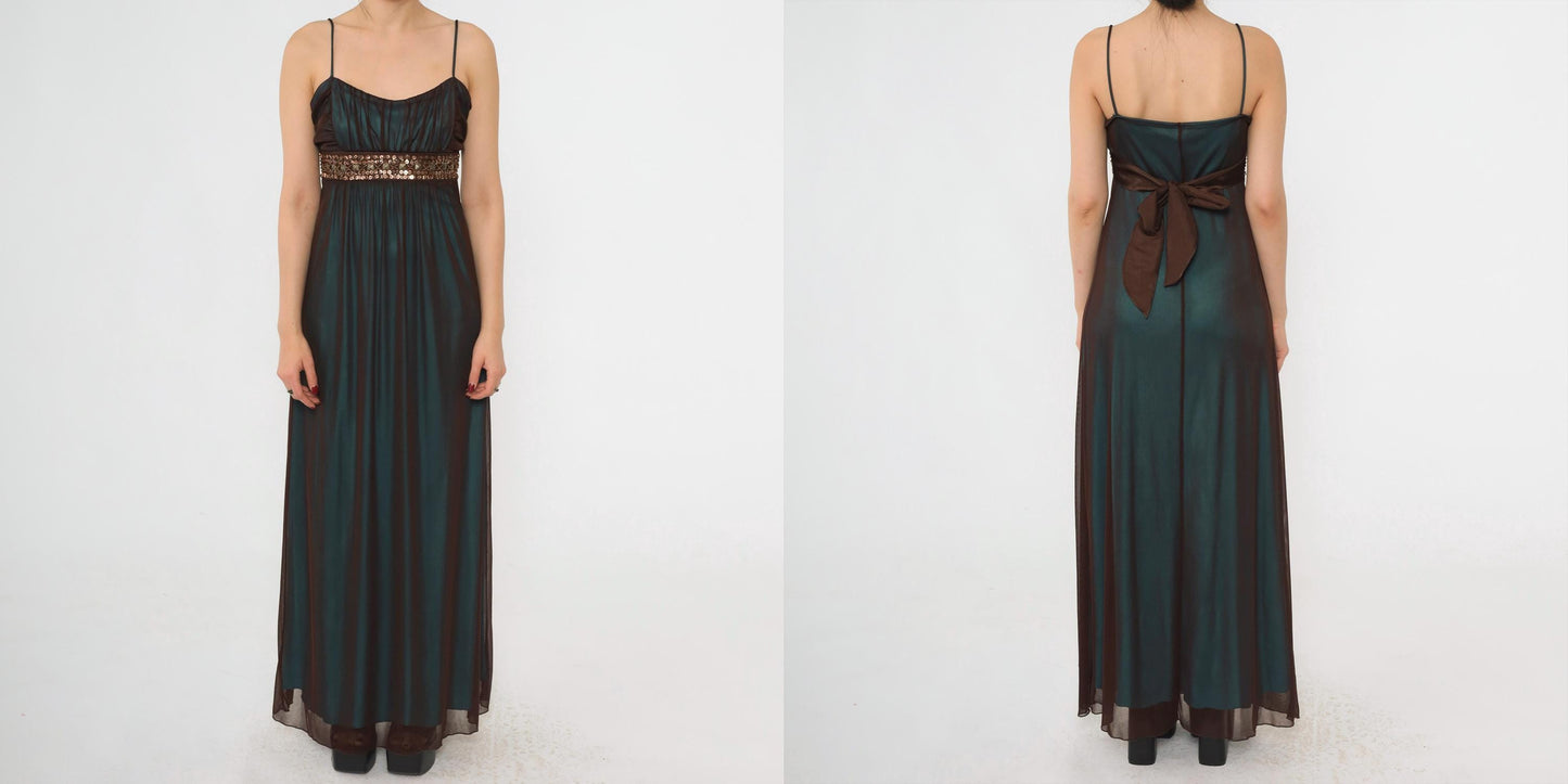 Y2K Teal Sequin Beaded Maxi Party Dress Brown Mesh Overlay Spaghetti Strap Large