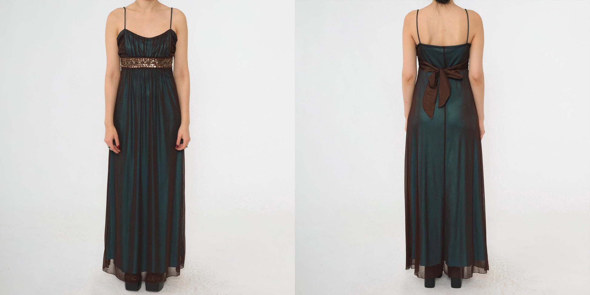 Y2K Teal Sequin Beaded Maxi Party Dress Brown Mesh Overlay Spaghetti Strap Large