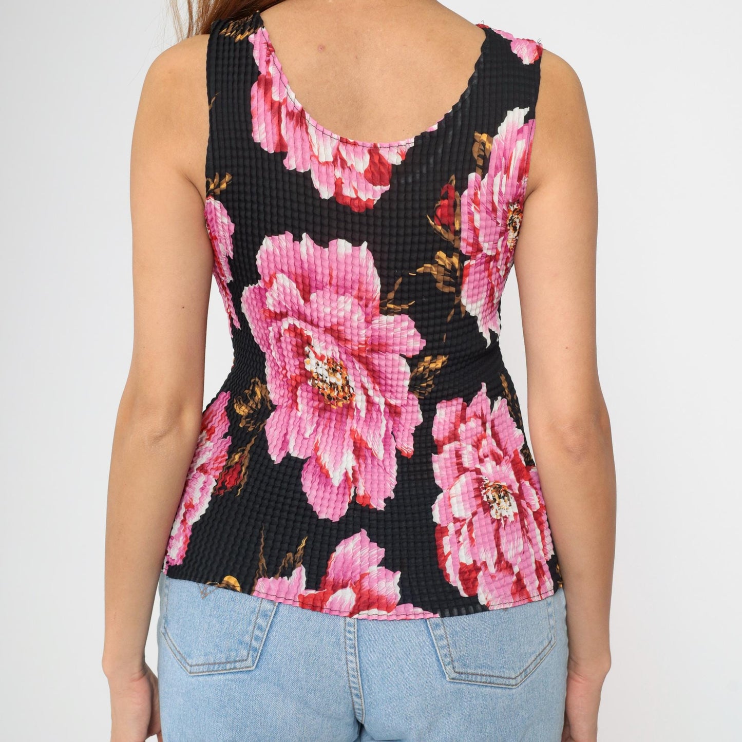 Y2K Floral Popcorn Tank Top Black Pink Scoop Neck Sleeveless Medium