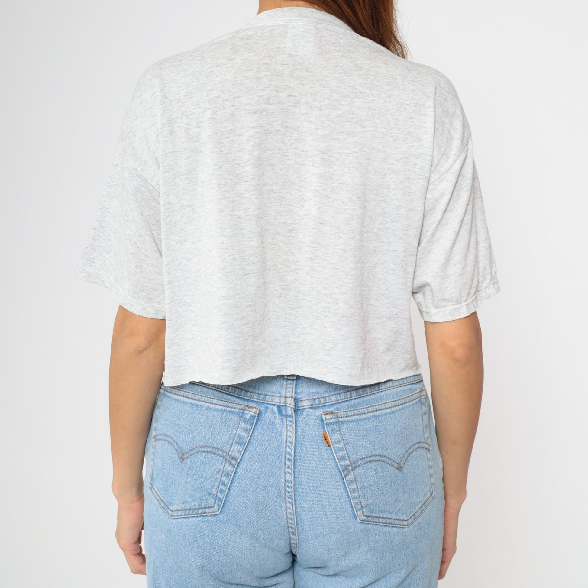 90s Jerzees Cropped Heart Patchwork T-Shirt Grey Graphic Tee Large L