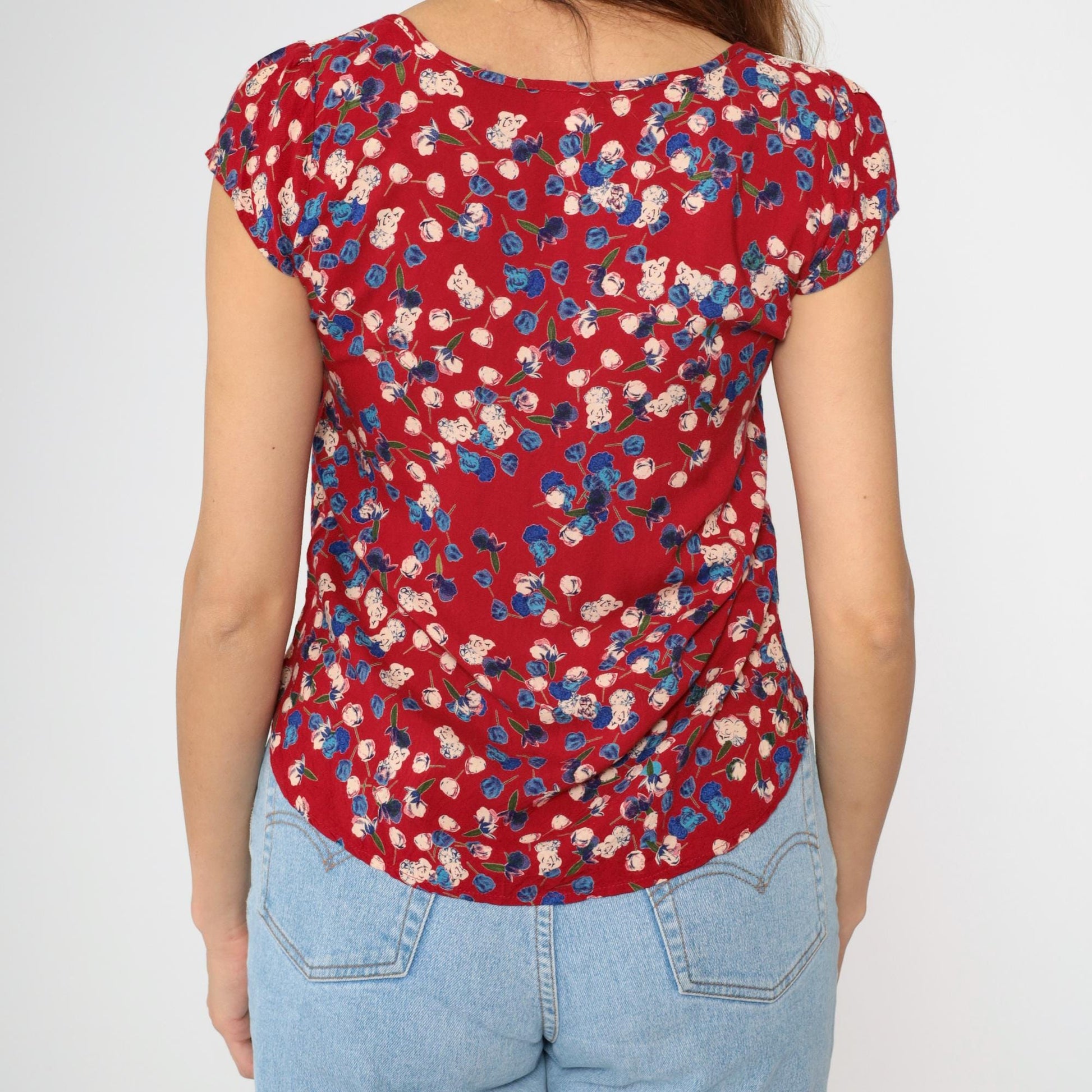 Y2K Red Floral Blouse Lace Trim Puff Sleeve Scoop Neck Extra Small