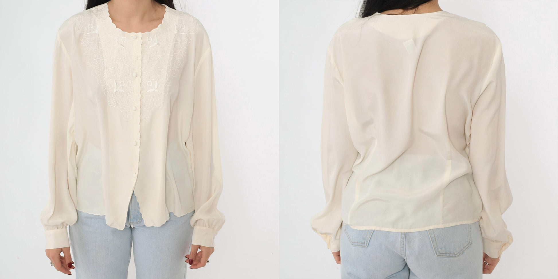 90s Mikado Ivory Embroidered Blouse Bird Motif Scalloped Long Sleeve Large L