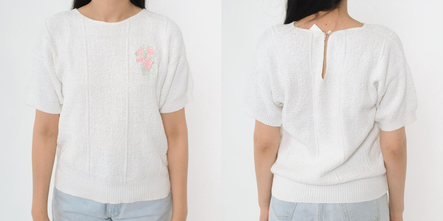 80s Lauren Knitwear Floral Embroidered Cotton Knit Top White Short Sleeve Small