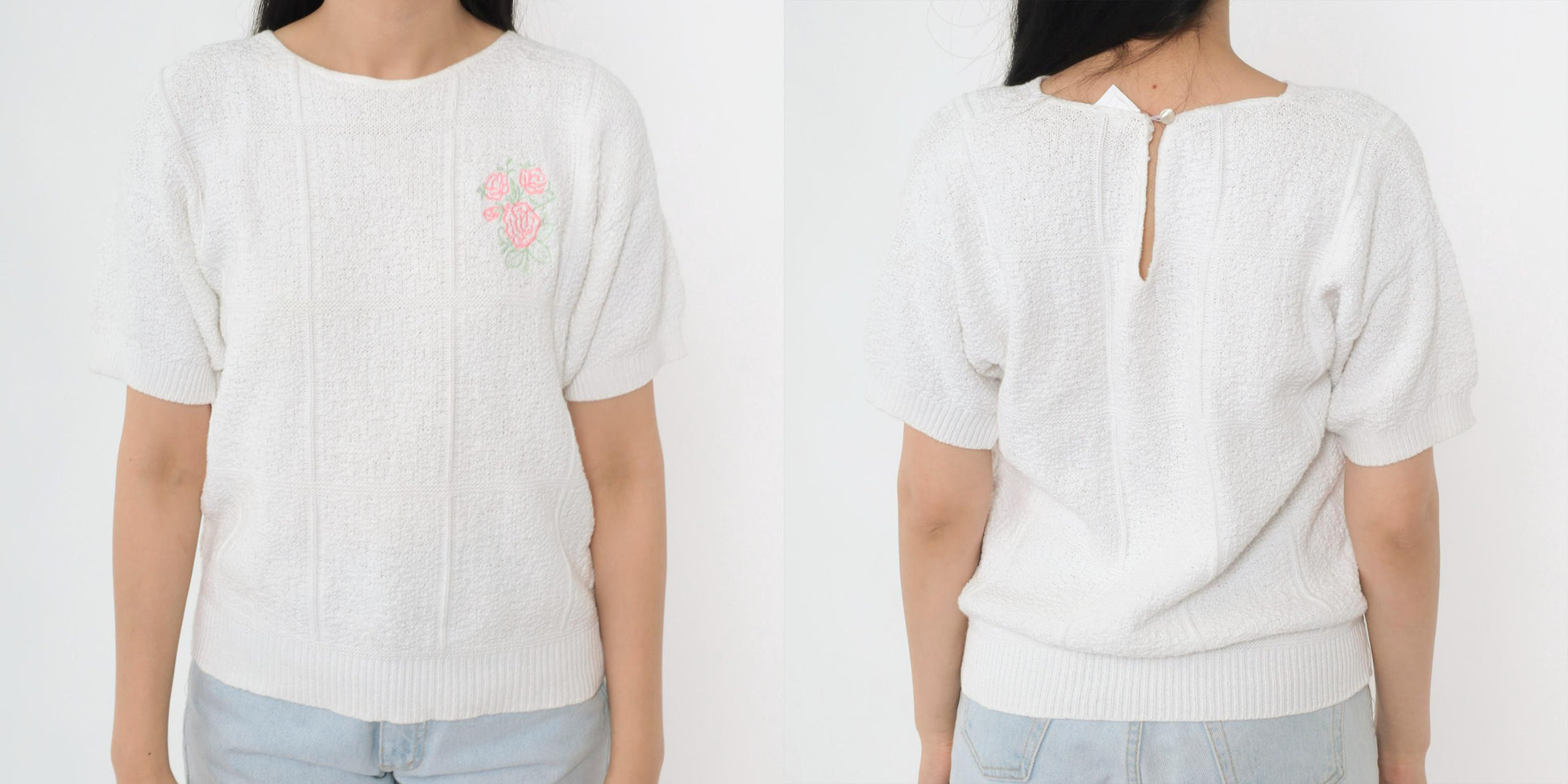 80s Lauren Knitwear Floral Embroidered Cotton Knit Top White Short Sleeve Small