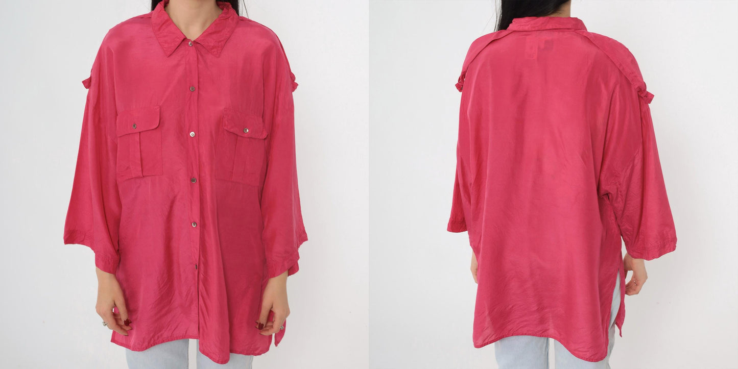 90s Pink Silk Button-Up Blouse Epaulet Chest Pockets Long Sleeve Large 14