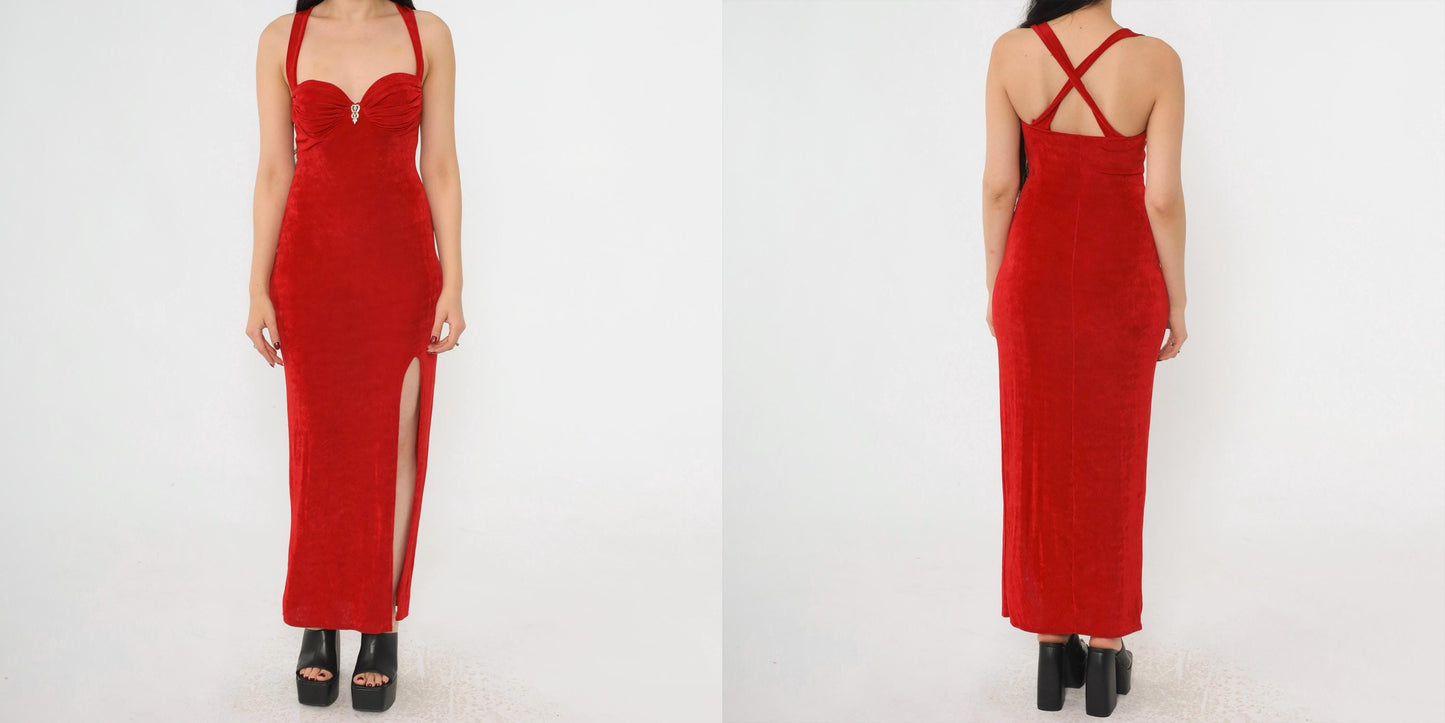 90s Florencia Fiume Red Maxi Dress Sweetheart Bustier High Slit Small