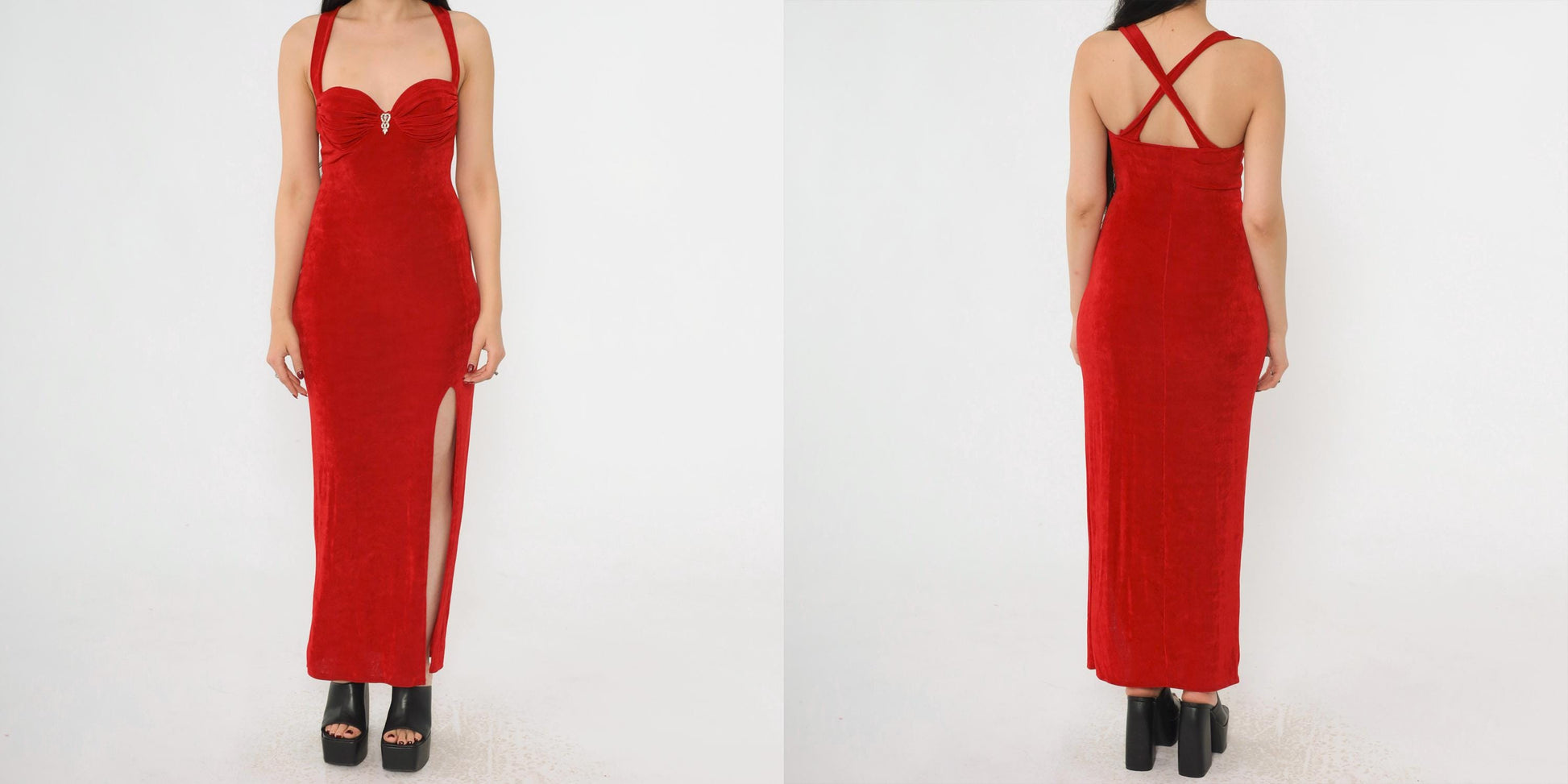 90s Florencia Fiume Red Maxi Dress Sweetheart Bustier High Slit Small