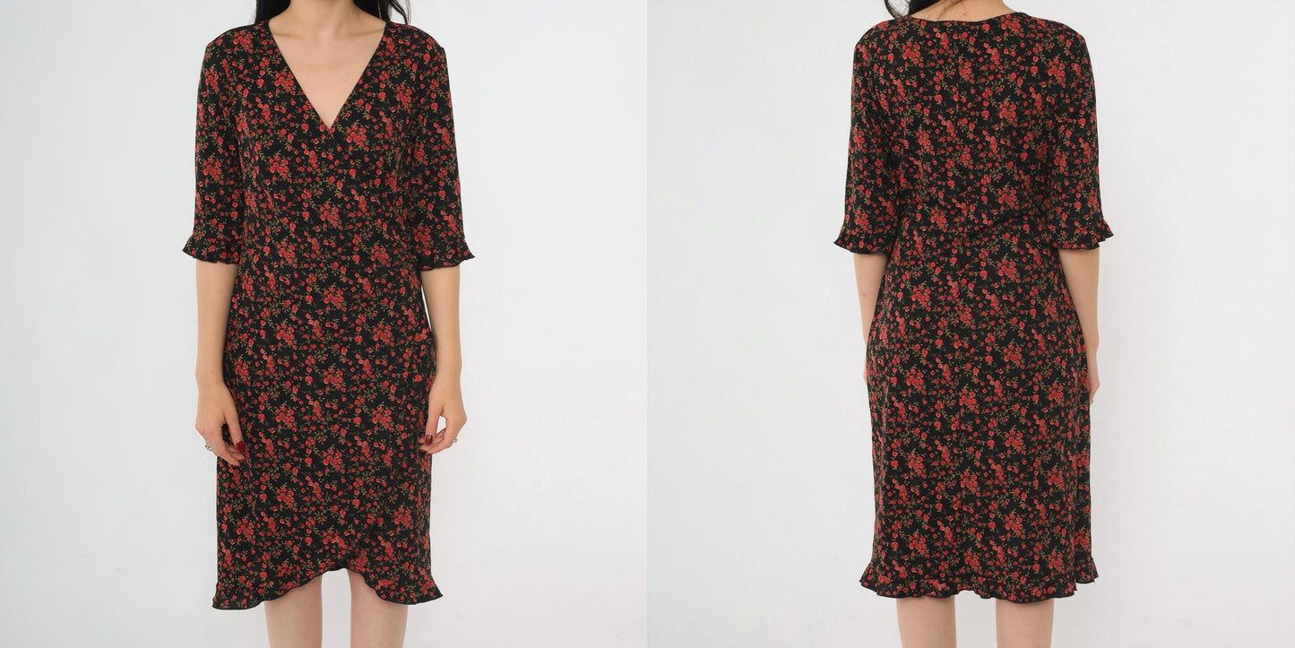 90s Connected Apparel Black Floral Midi Dress Rose Print V Neck Medium