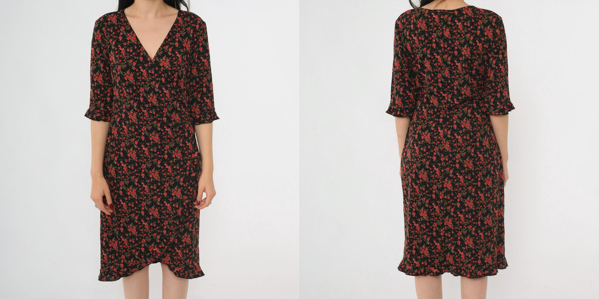 90s Connected Apparel Black Floral Midi Dress Rose Print V Neck Medium