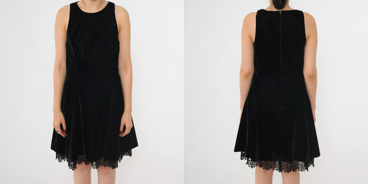 90s Black Velvet Mini Dress Lace Trim Jewel Neck A-Line Sleeveless Small