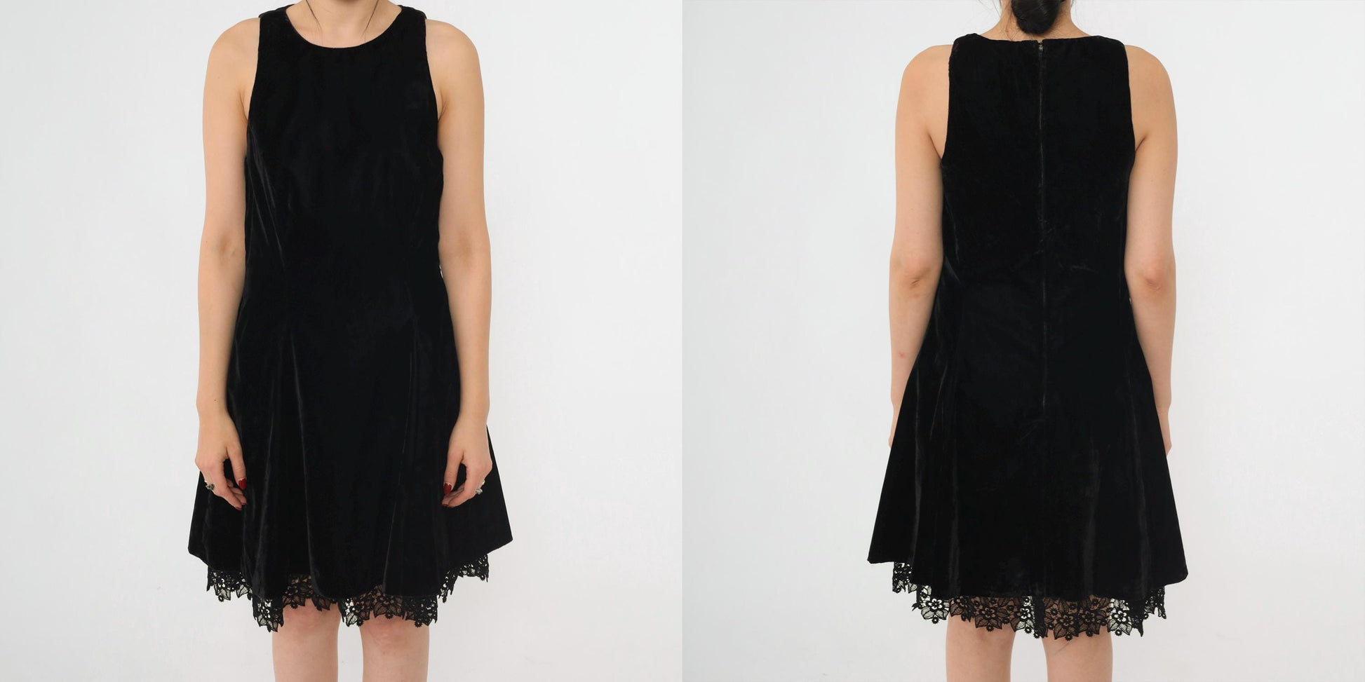 90s Black Velvet Mini Dress Lace Trim Jewel Neck A-Line Sleeveless Small
