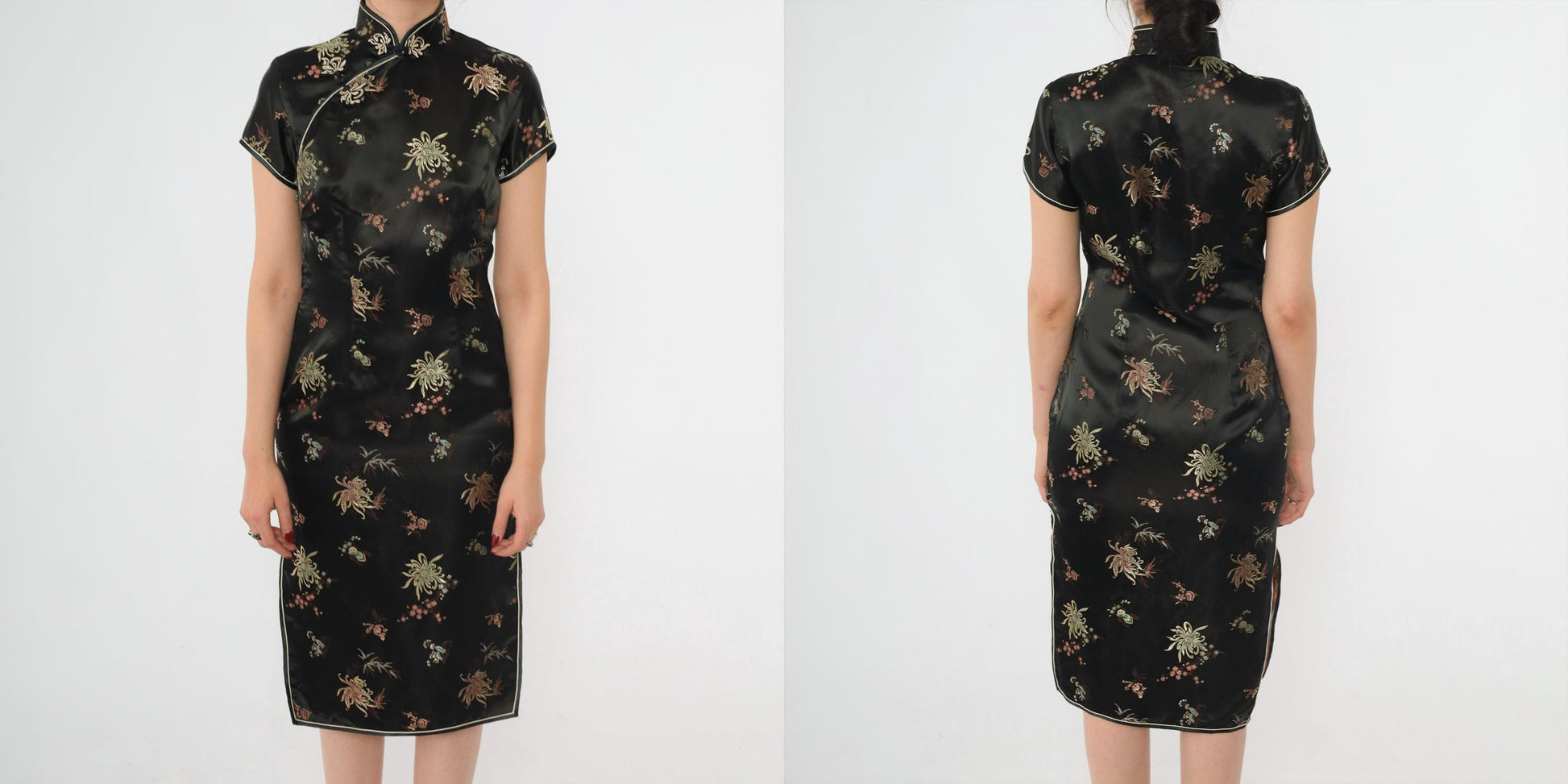 90s Black Silk Cheongsam Midi Dress Floral Embroidery Mandarin Collar Extra Small