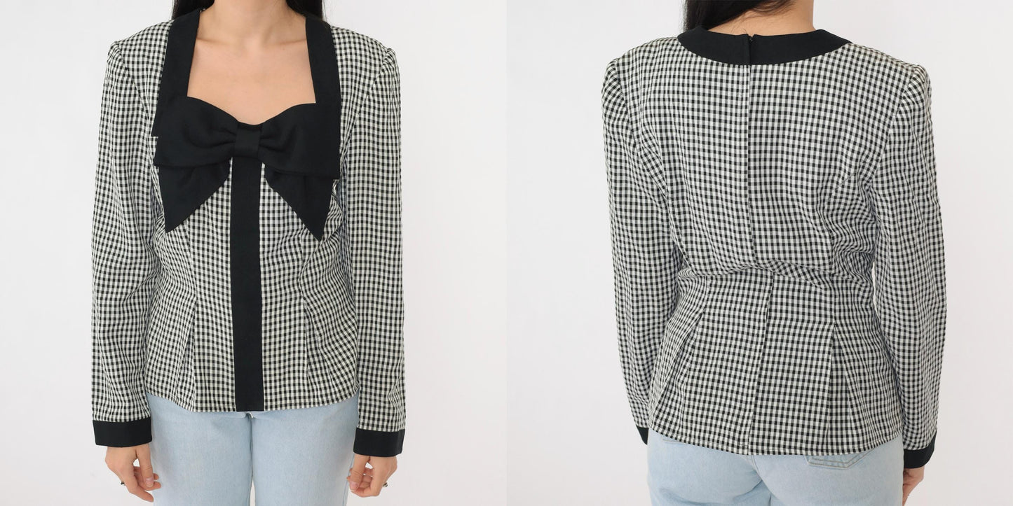 90s Black Gingham Bow Blouse Long Sleeve Checkered Shirt Medium 8