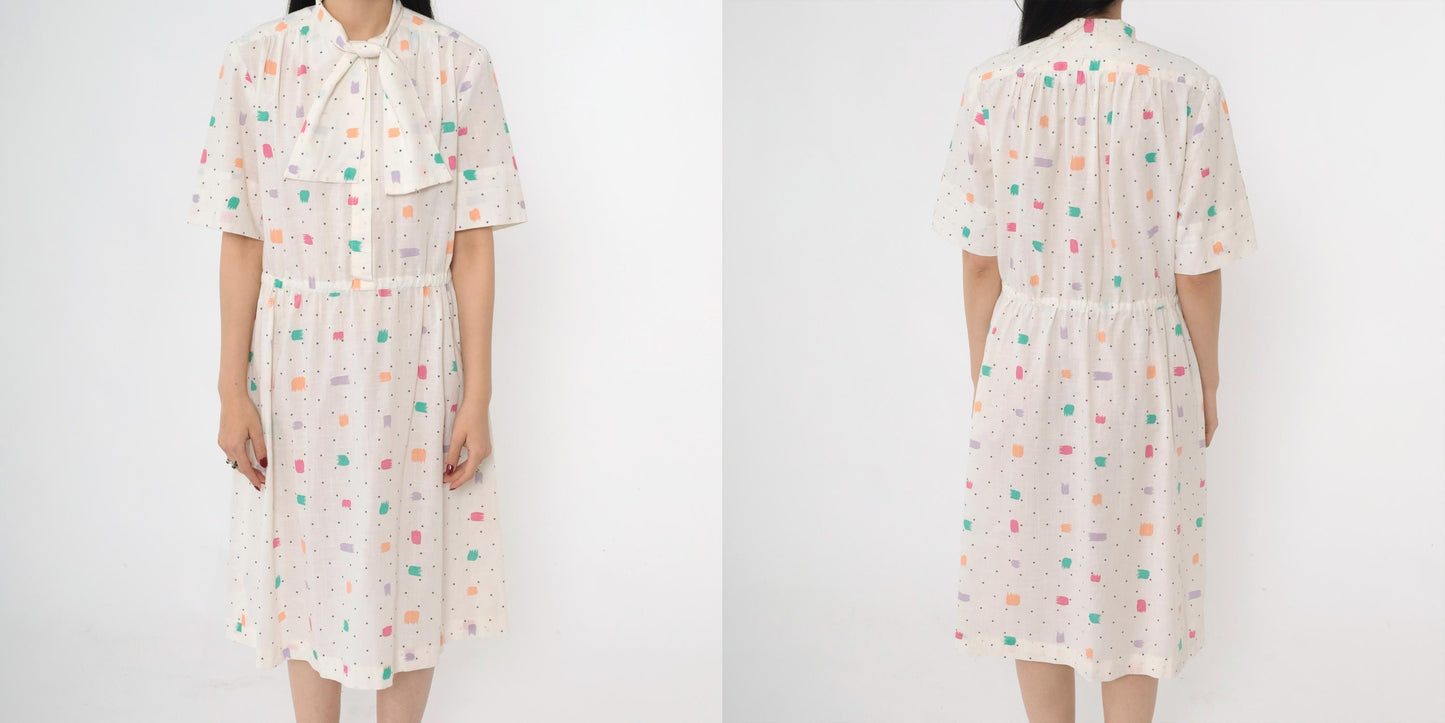 80s White Brushstroke Polka Dot Midi Shirtdress Ascot High Waist Large