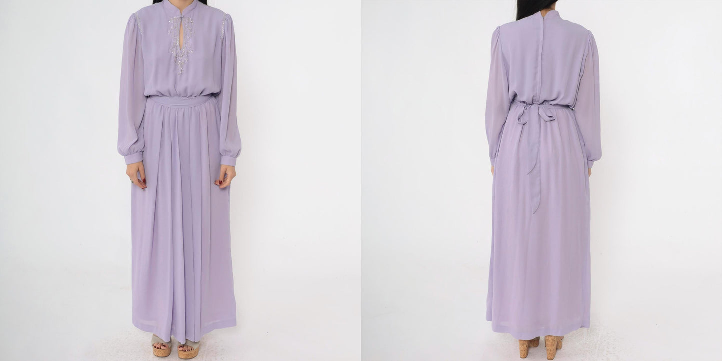 80s Lavender Chiffon Maxi Dress Beaded Sequin Puff Sleeve Mandarin Collar Medium M