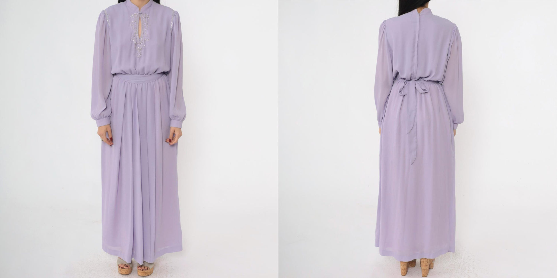80s Lavender Chiffon Maxi Dress Beaded Sequin Puff Sleeve Mandarin Collar Medium M