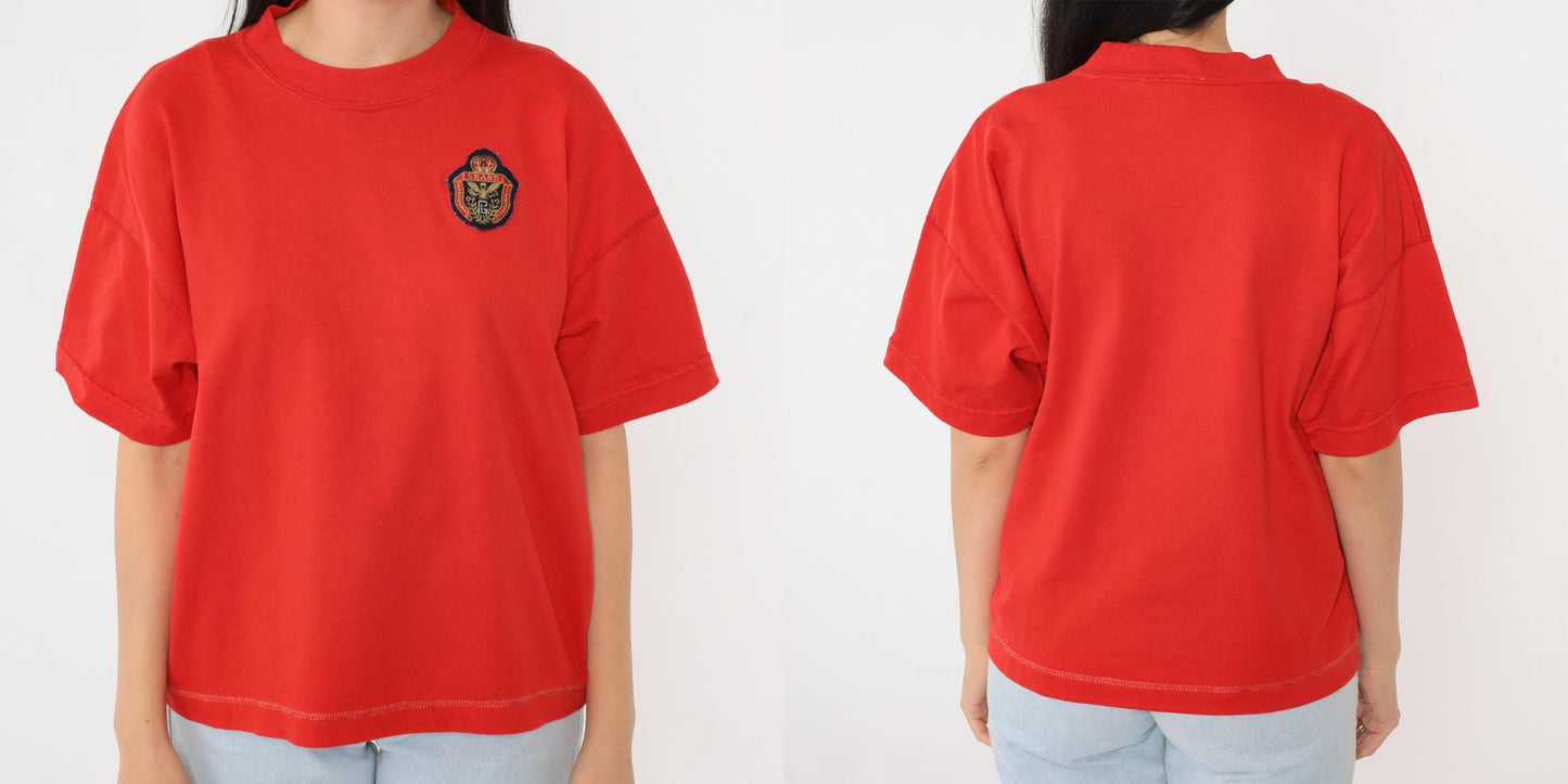 90s Grand Eagle Crest Embroidered T-Shirt Red Crewneck Extra Large XL