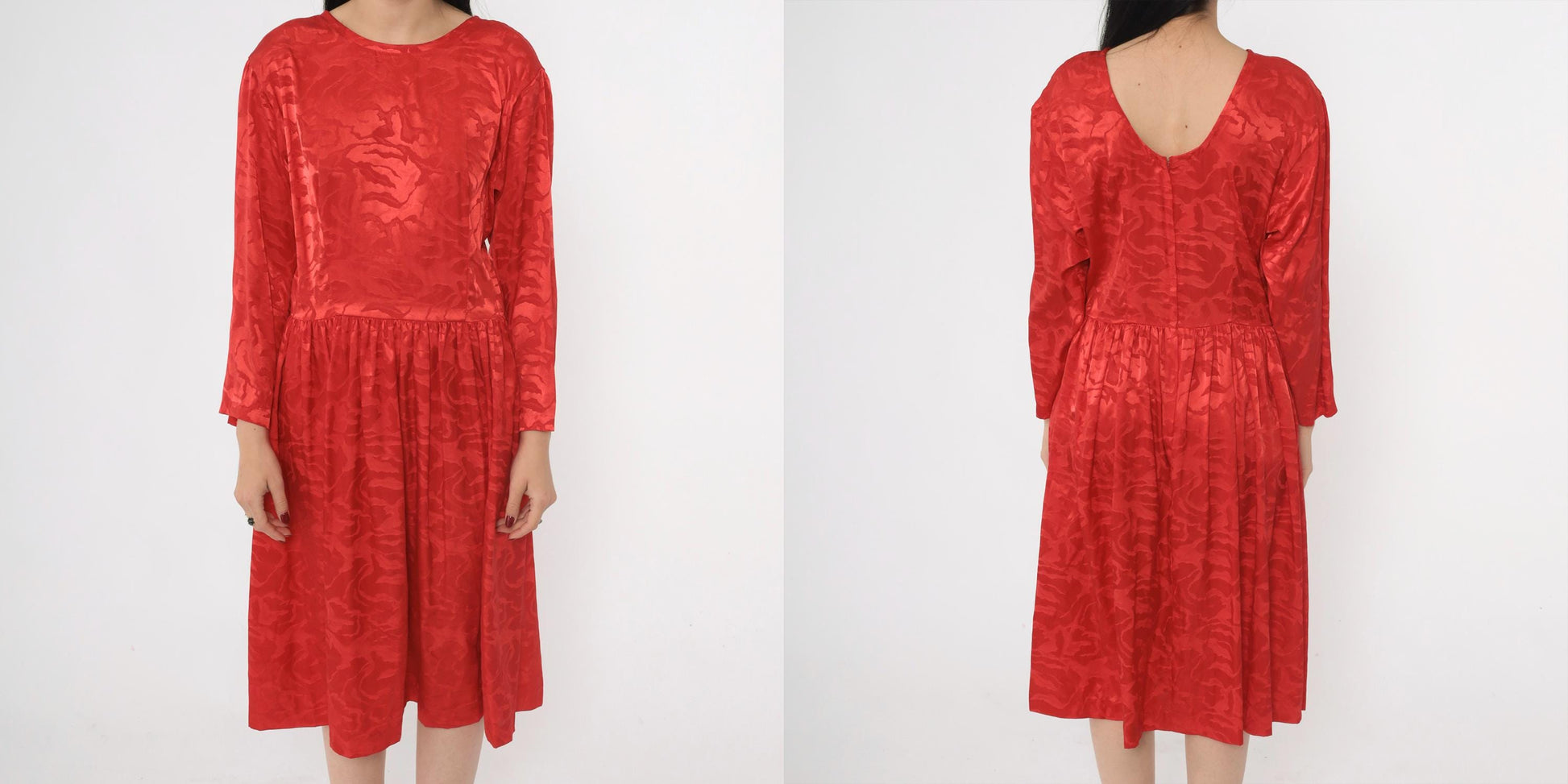 80s Apostrophe Red Jacquard Midi Dress Scoop Back Long Sleeve Medium M