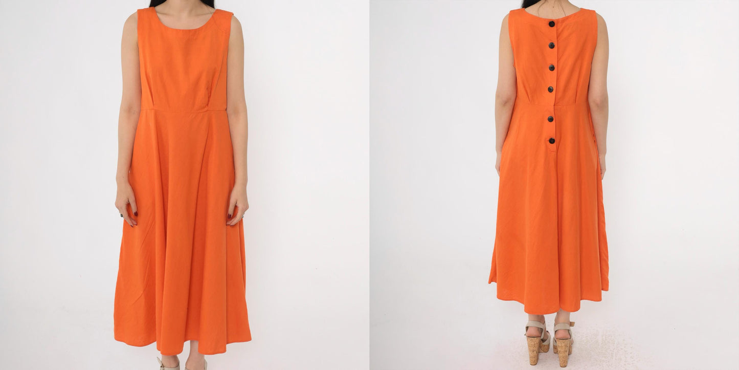 80s Orange Midi Dress Button Back A-Line Sleeveless Medium M