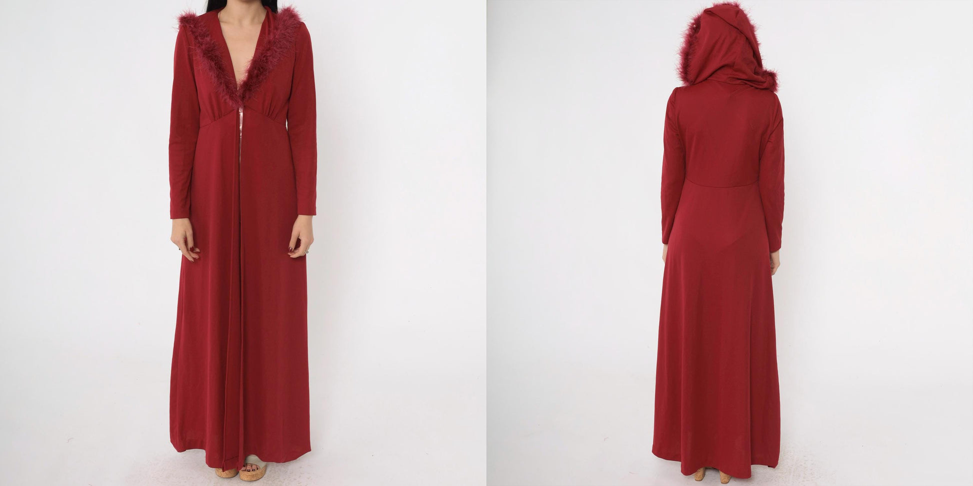 70s Burgundy Maxi Jacket Feather Trim Hood Deep V Neck Small Medium