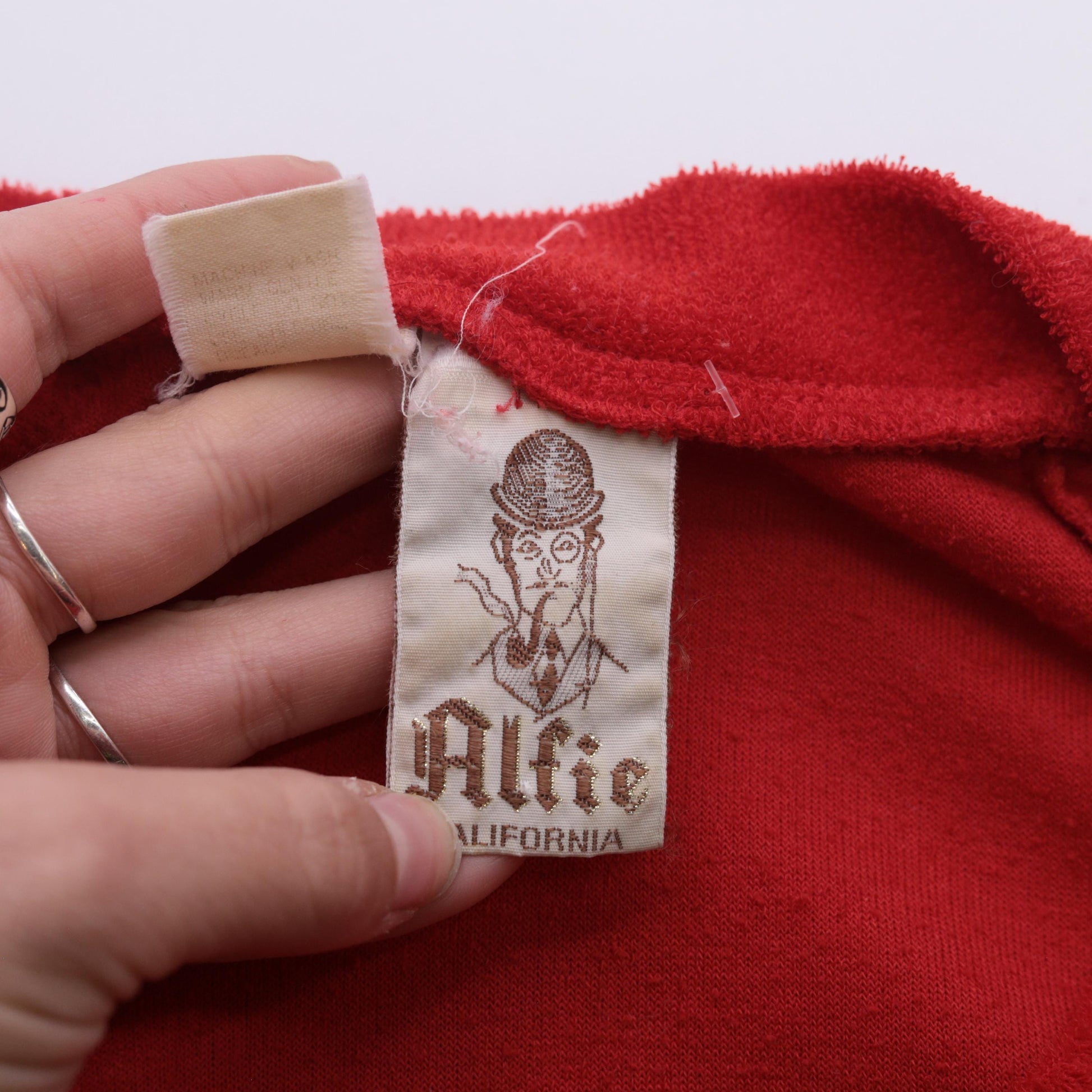 80s Alfie California Terry Cloth V-Neck Top Red Short Sleeve Medium Large